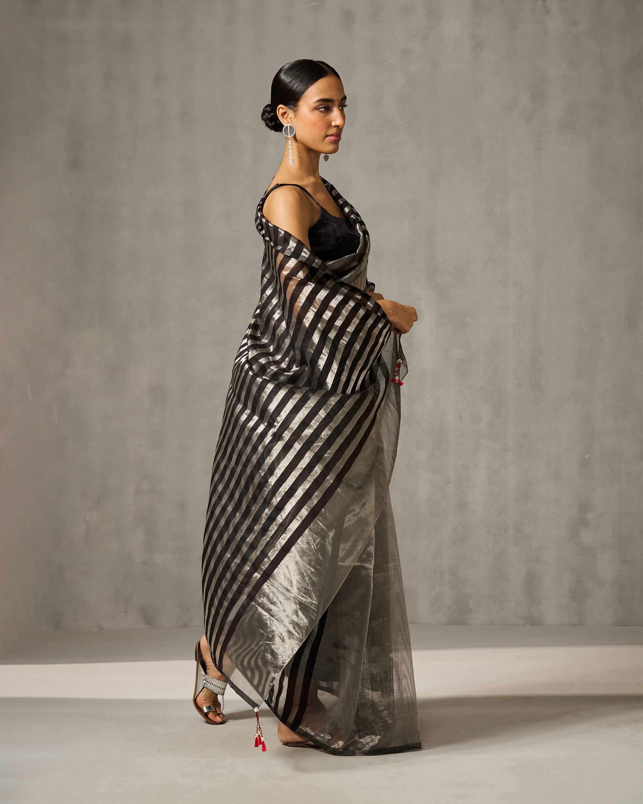 Zari Stripe Sari - Silver & Black