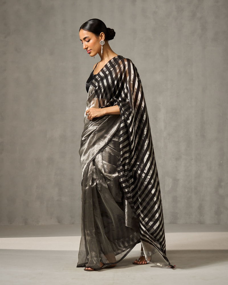 Zari Stripe Sari - Silver & Black