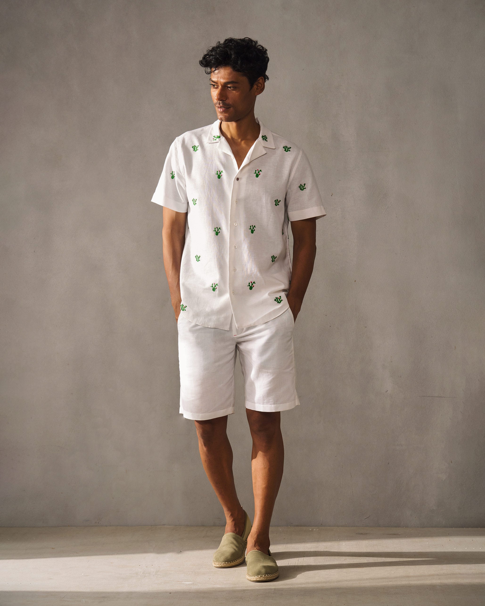 Mistari Shirt - White & Green Embroidered