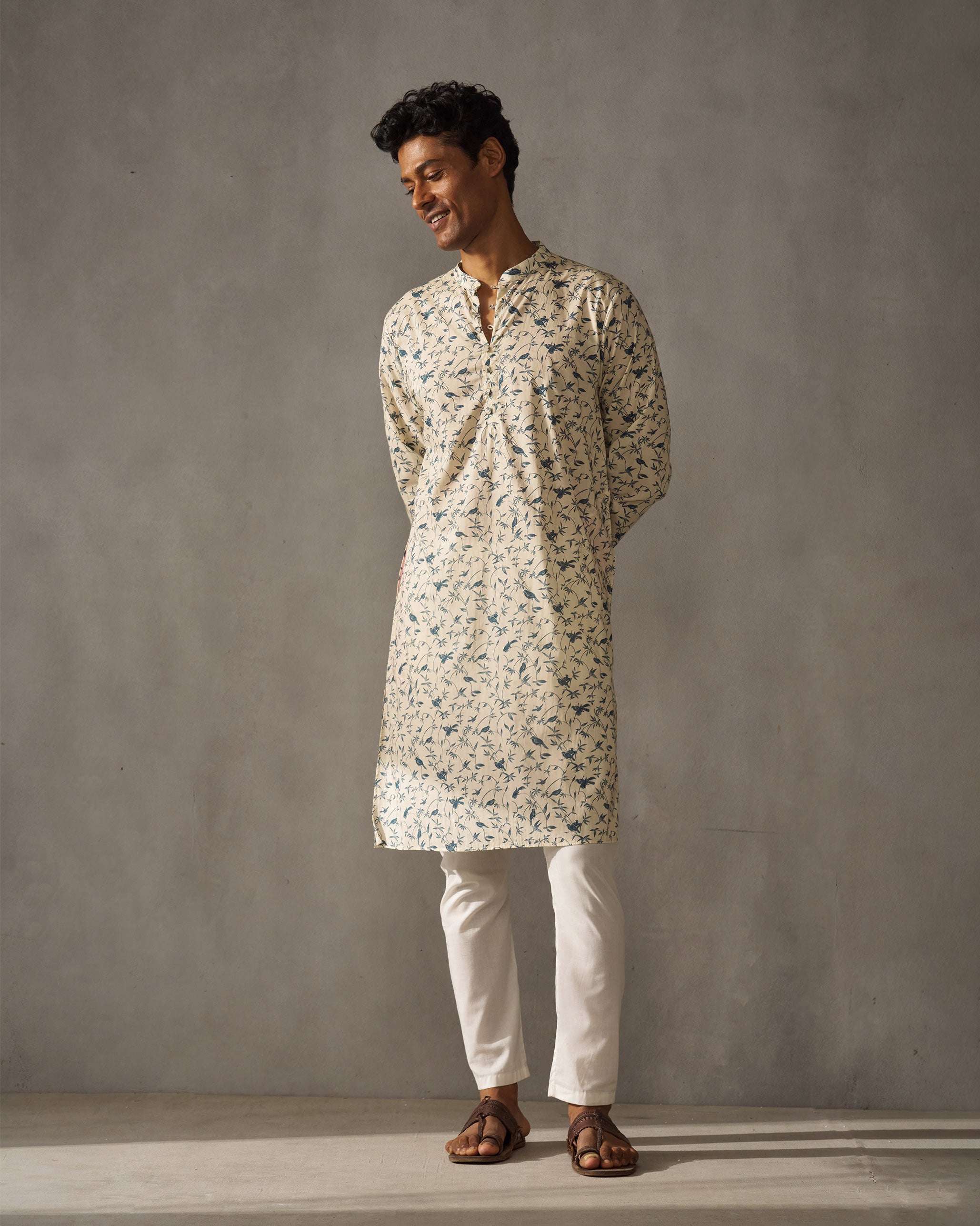 Zenith Kurta - Ivory & Blue Print