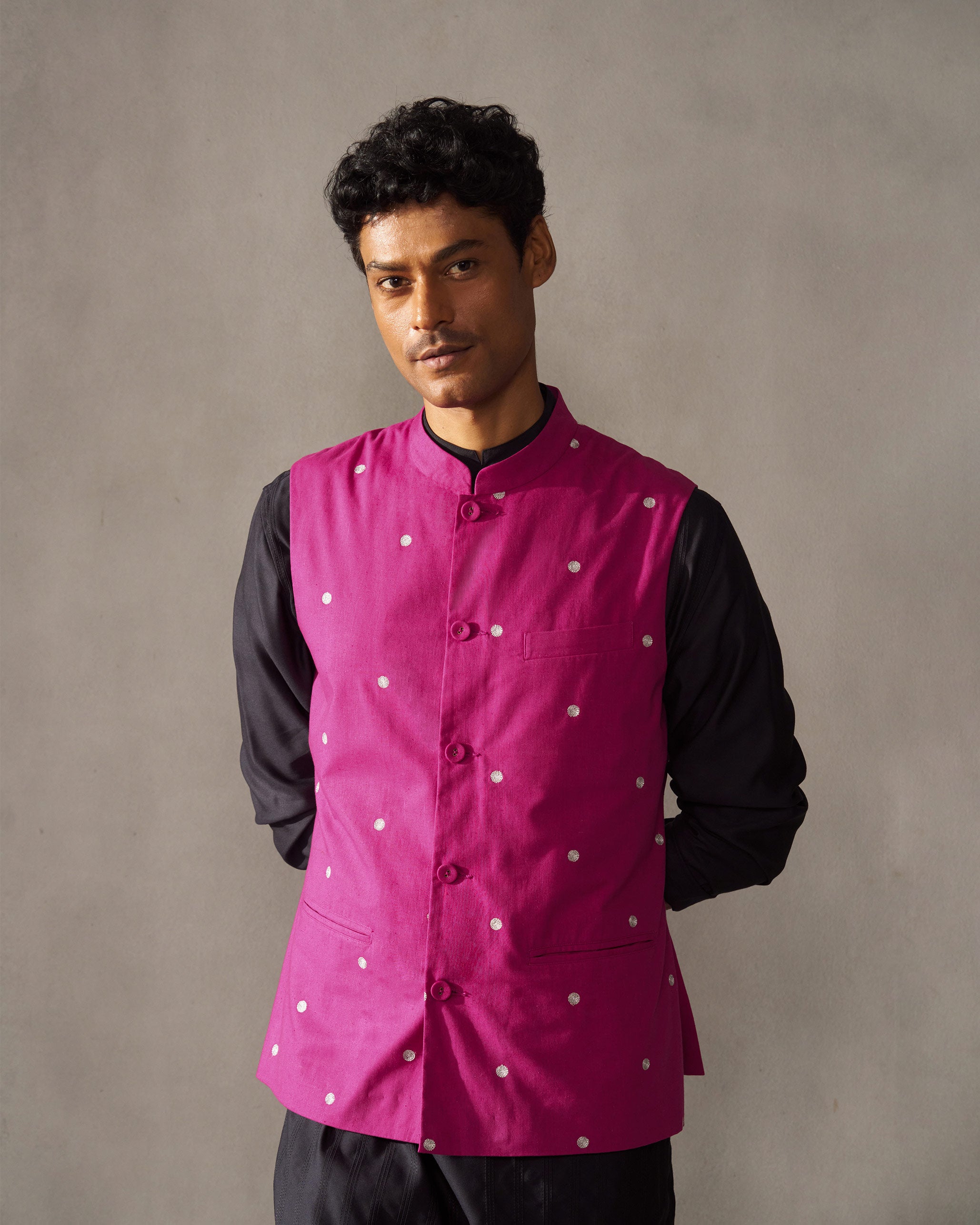 Nehru Jacket - Magenta & Silver Embroidered