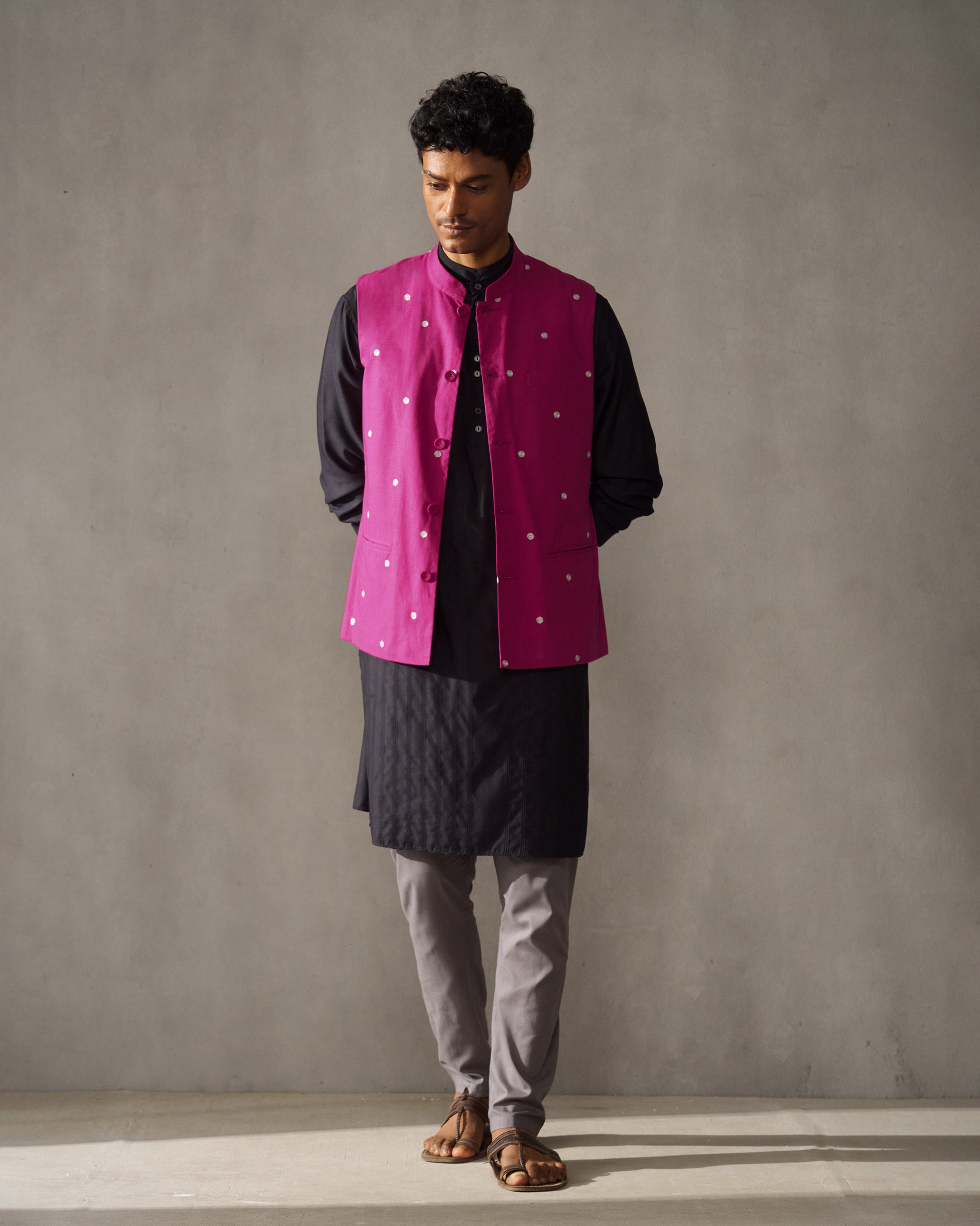 Nehru Jacket - Magenta & Silver Embroidered