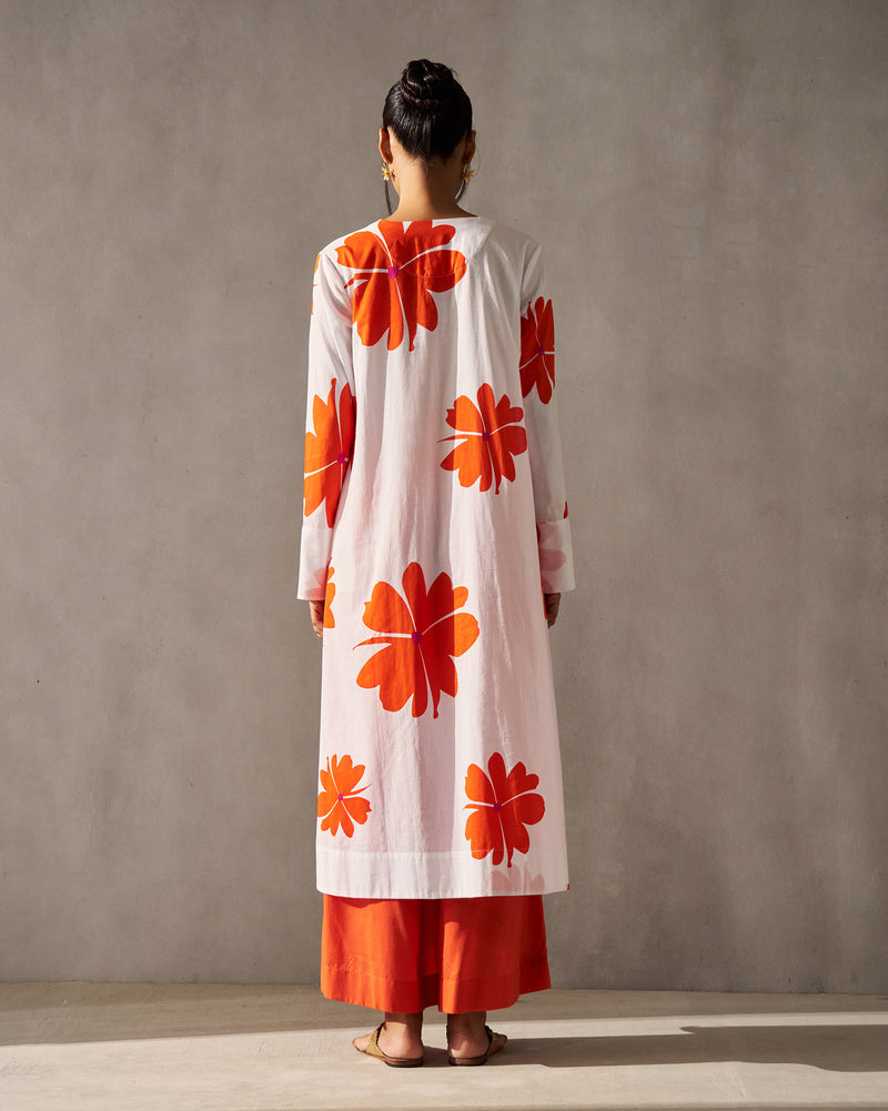 Flared V-neck Kurta - White & Orange