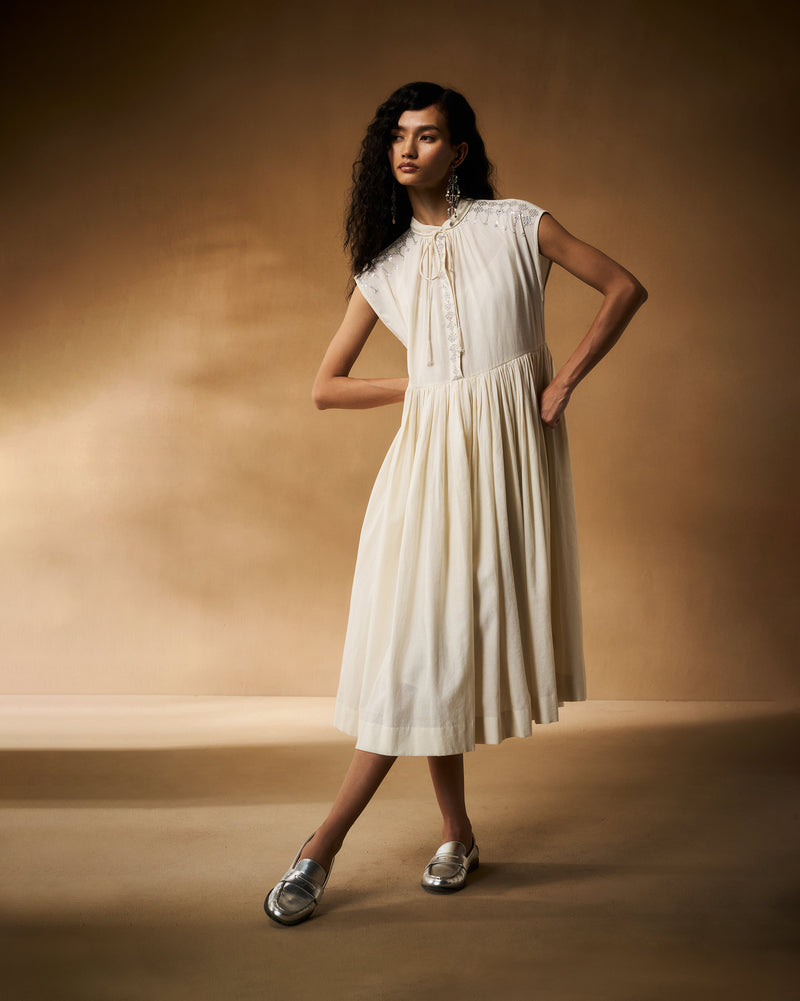 Mina Dress with Slip - Ivory Hand Embroidered