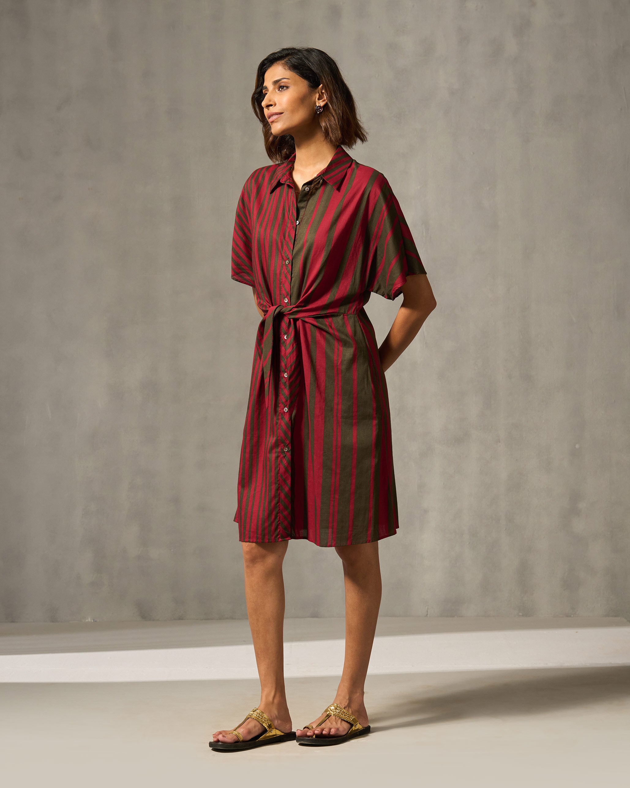 Tangier Shirt Dress - Red & Oak Brown Print