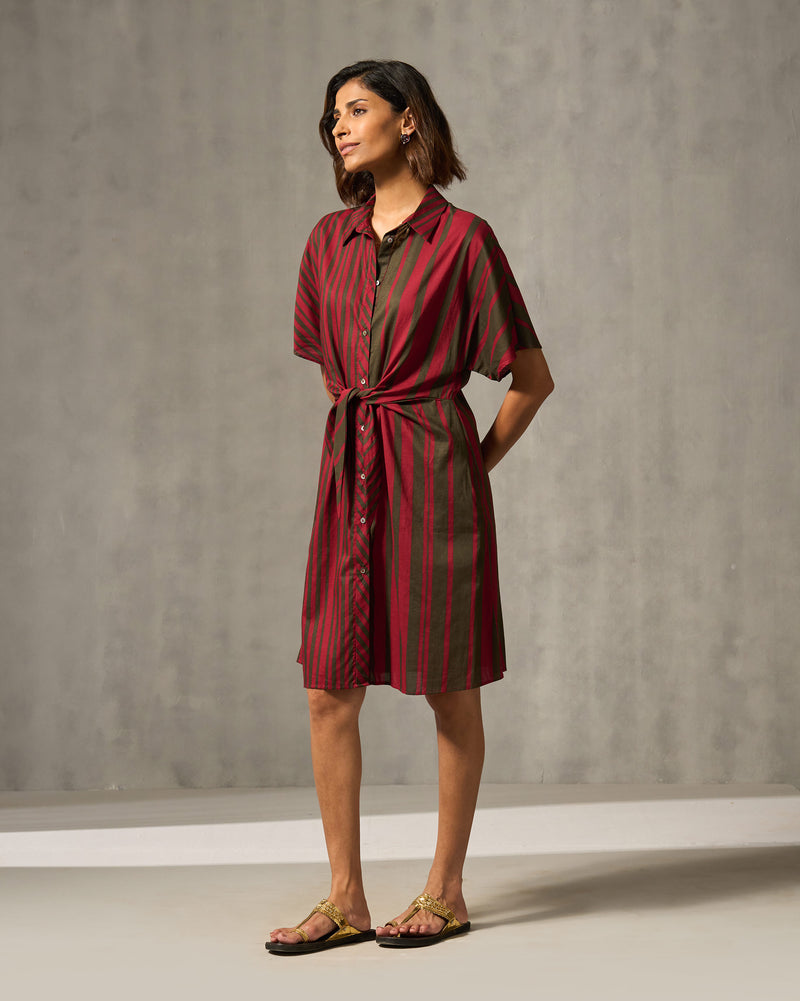 Tangier Shirt Dress - Red & Oak Brown Print