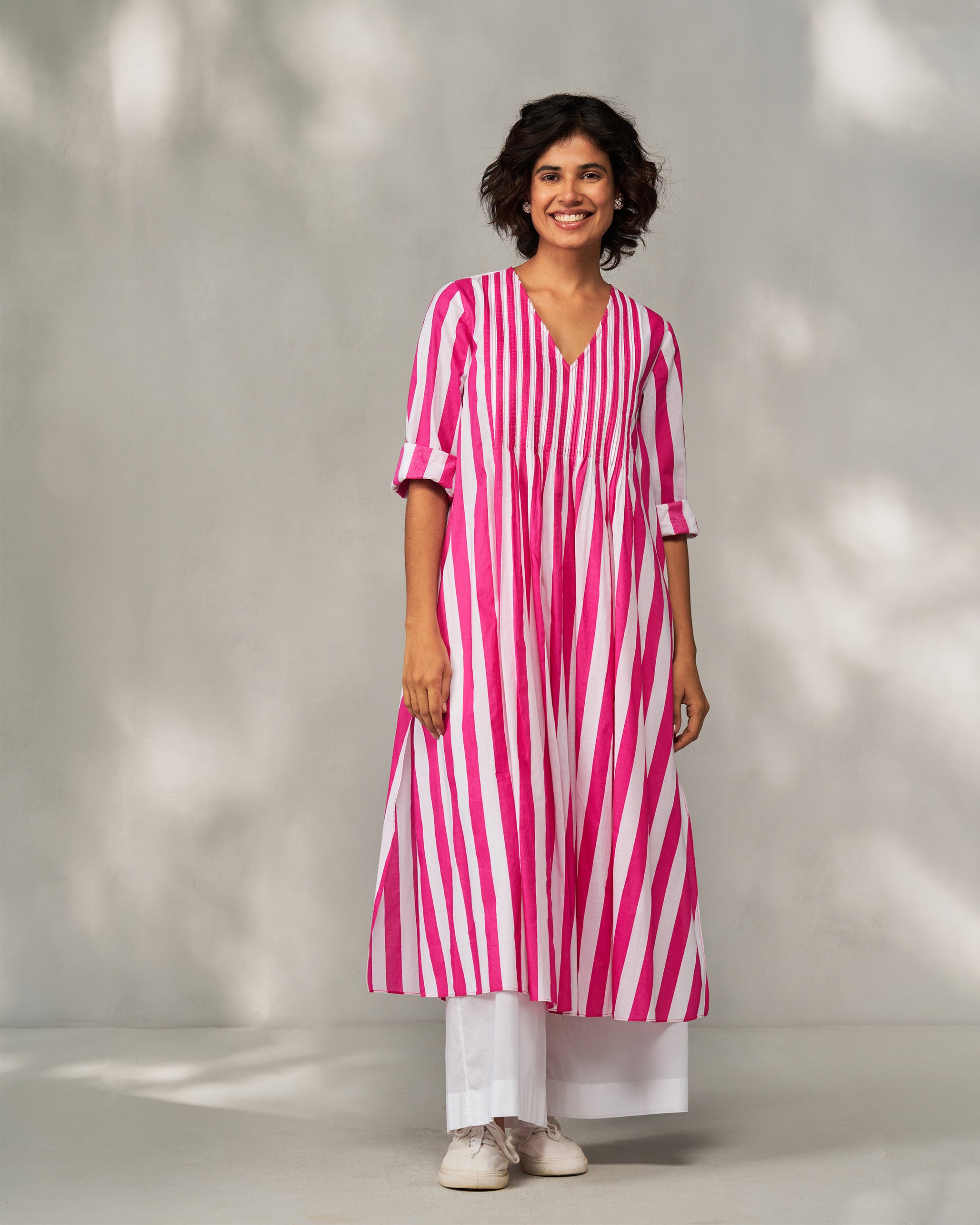 Pintuck Kurta - Fuchsia & White Stripes