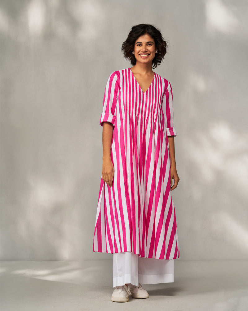 Pintuck Kurta - Fuchsia & White Stripes