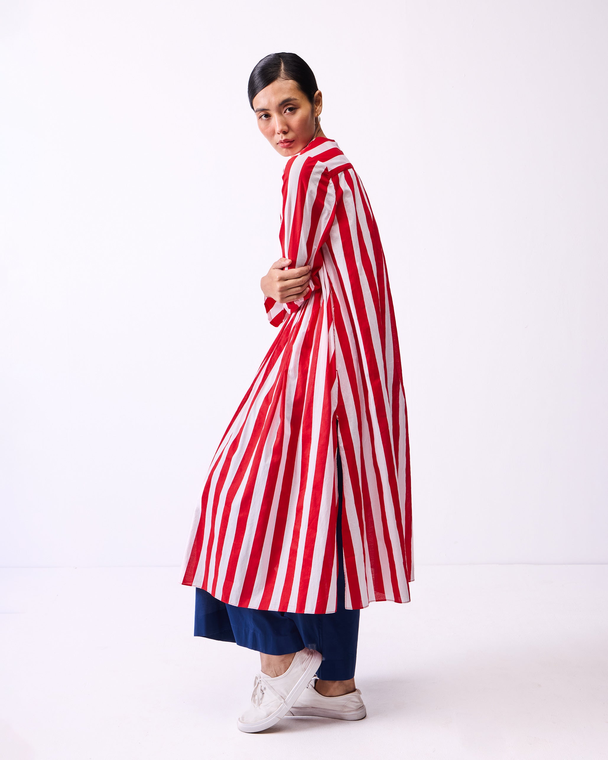 Pintuck Kurta - Red & White Stripes