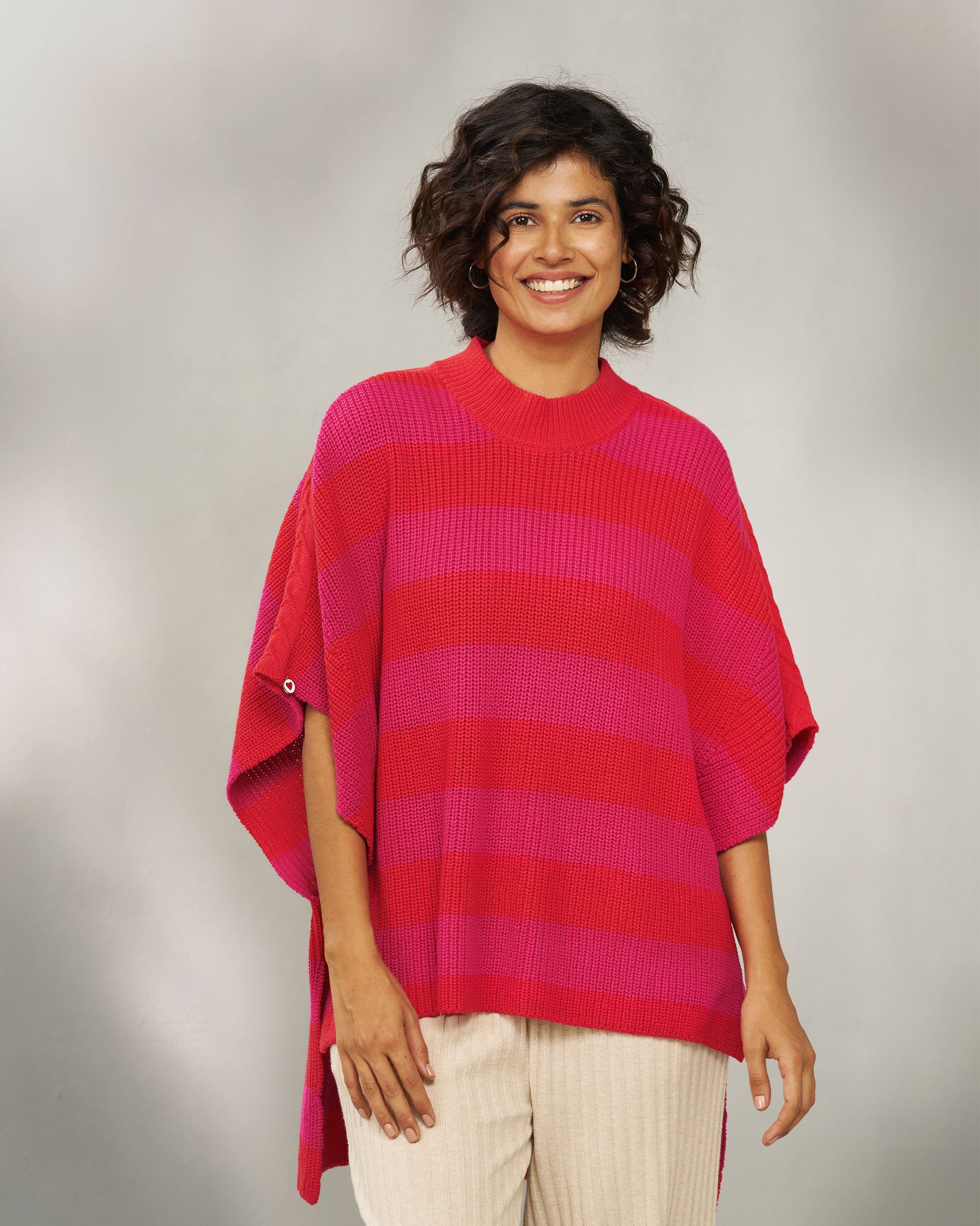 Dream High-low Hem Sweater - Fuchsia & Bright Red Stripes