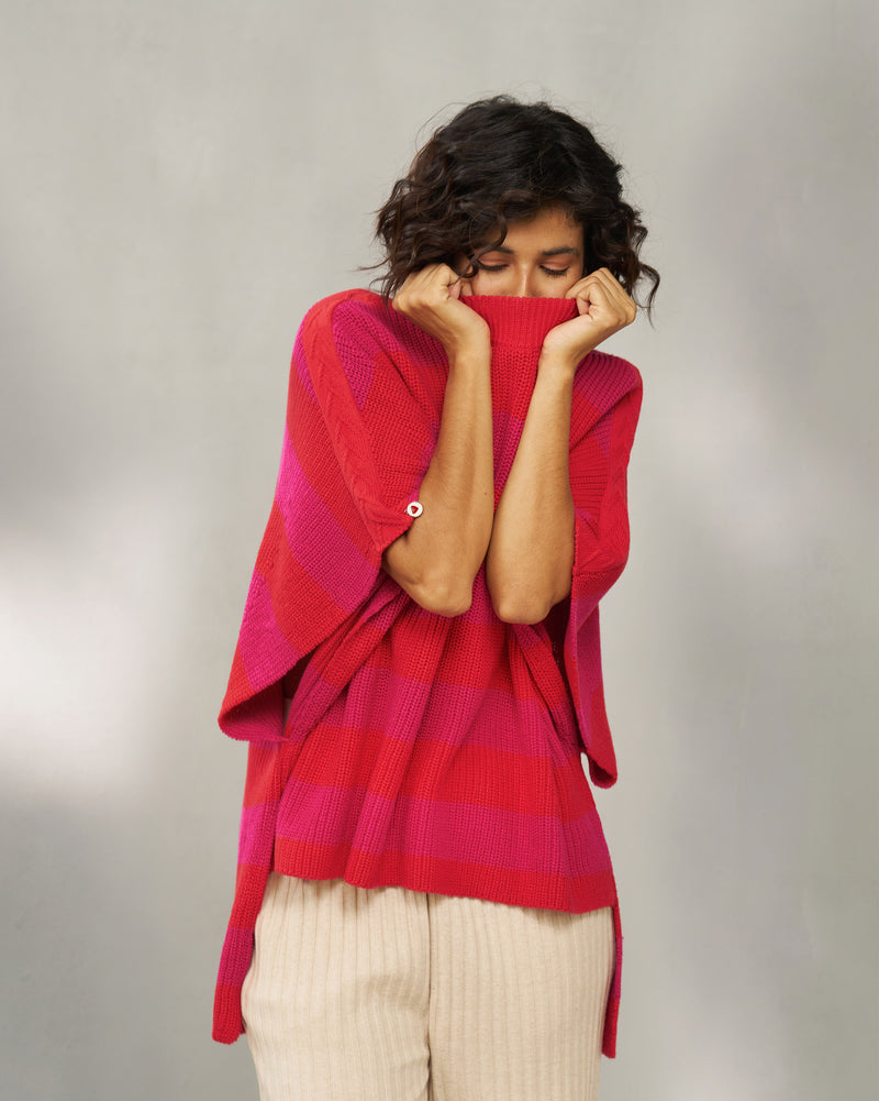 Dream High-low Hem Sweater - Fuchsia & Bright Red Stripes