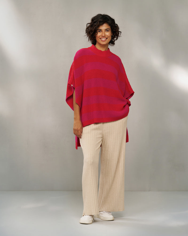 Dream High-low Hem Sweater - Fuchsia & Bright Red Stripes