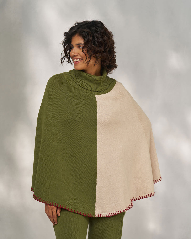 Alpine Poncho - Olive & Oatmeal