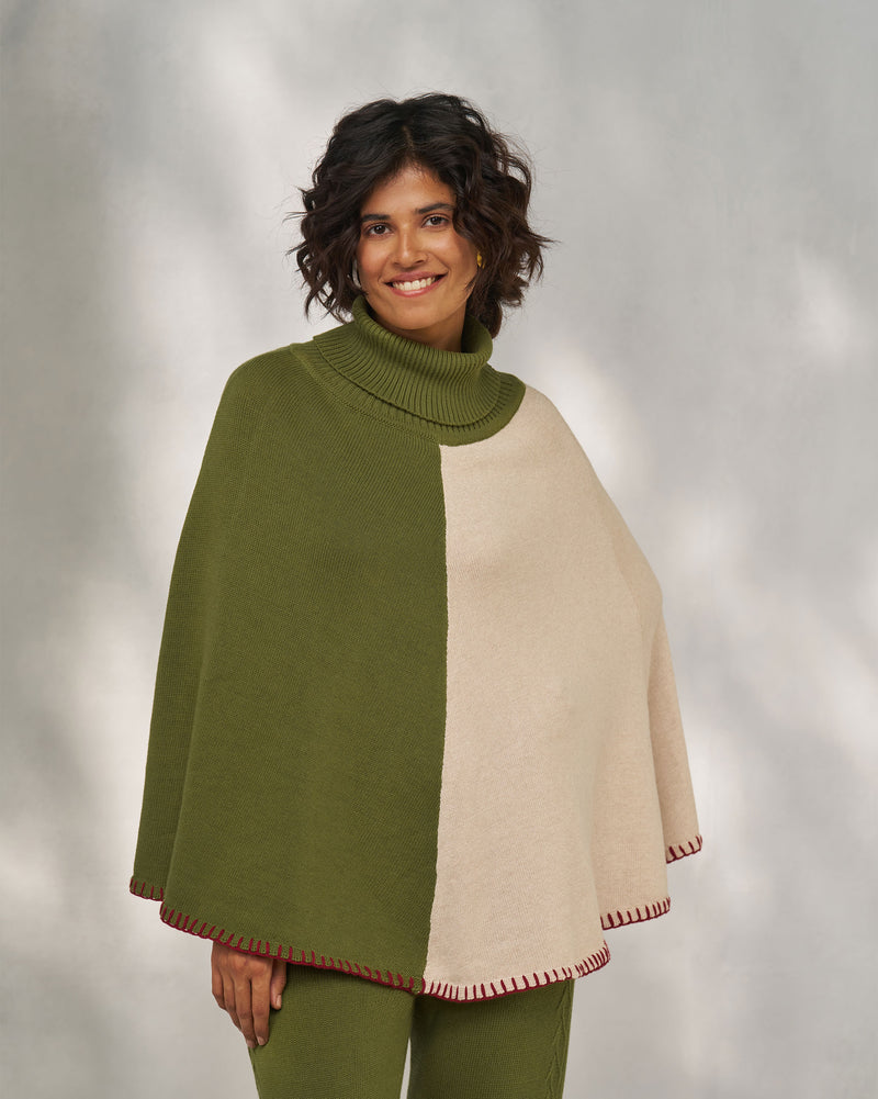 Alpine Poncho - Olive & Oatmeal