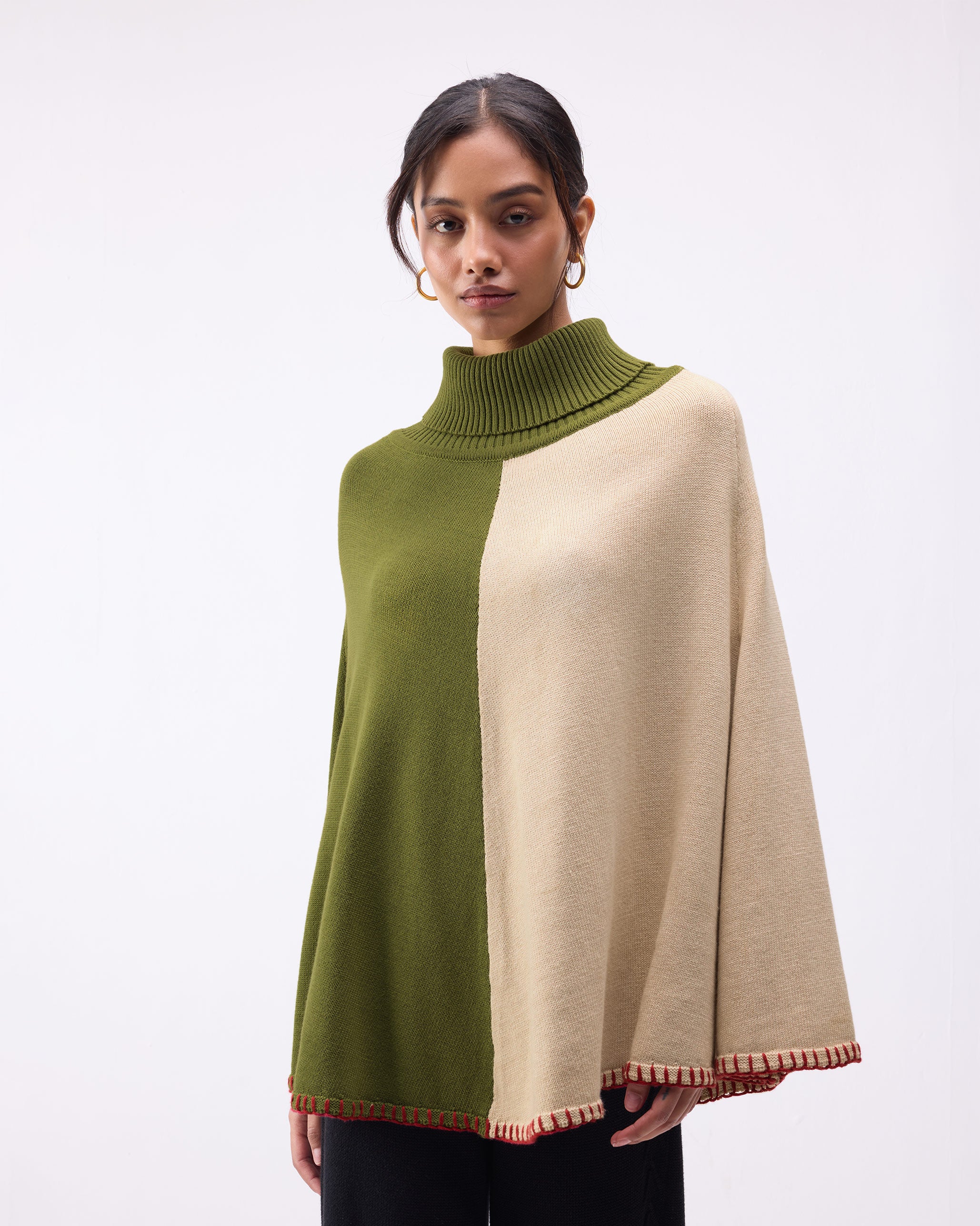 Alpine Poncho - Olive & Oatmeal