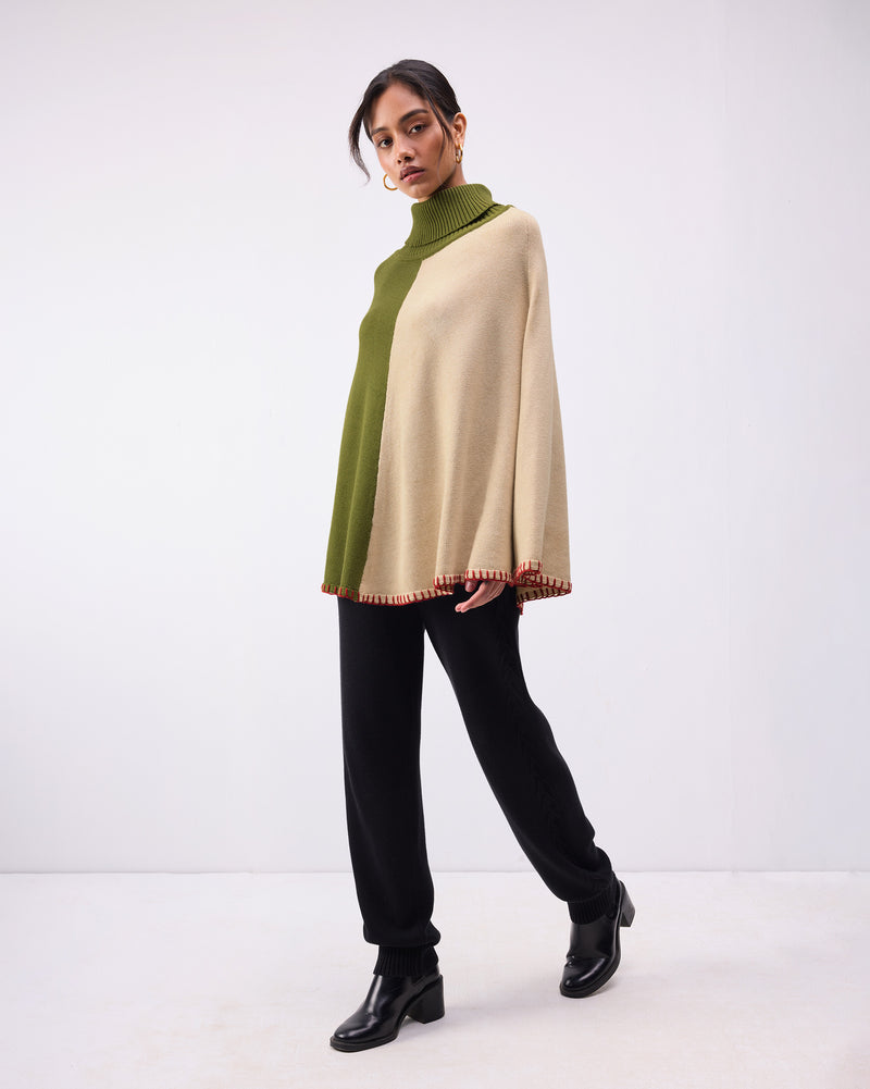 Alpine Poncho - Olive & Oatmeal