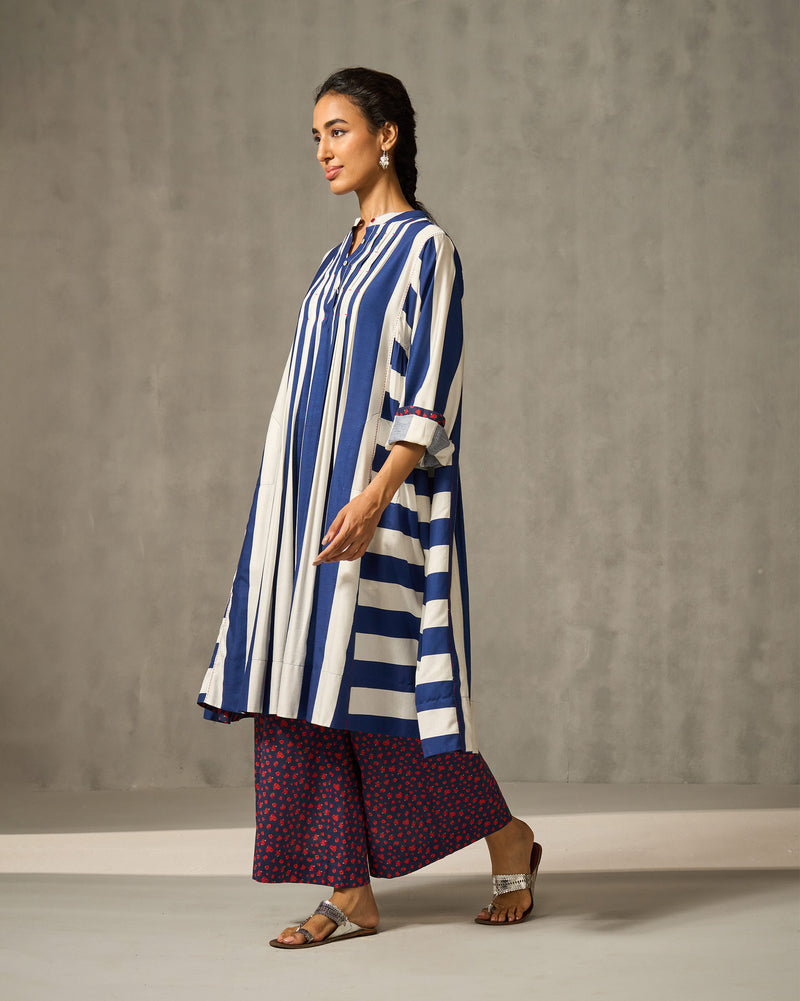 Mustafa Kurta - Navy & Ivory Print