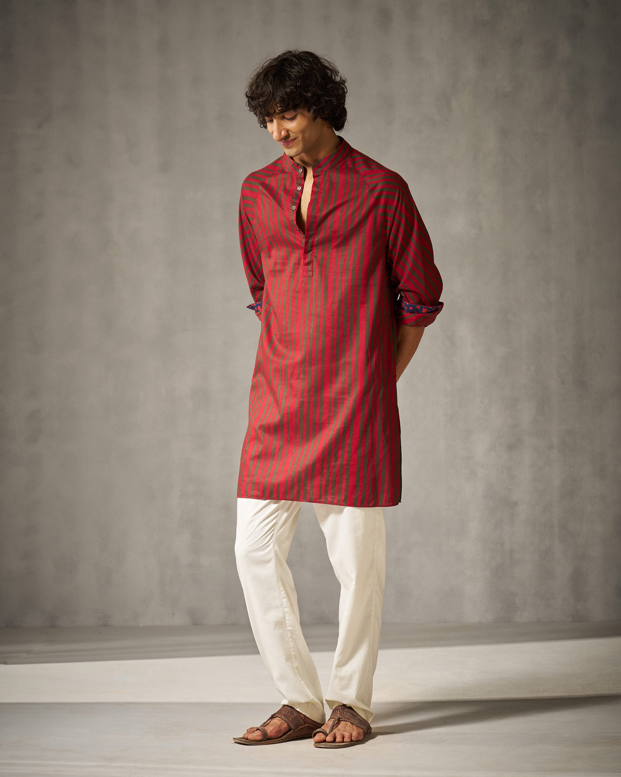 Jubilee Kurta - Red & Oak Brown Stripes