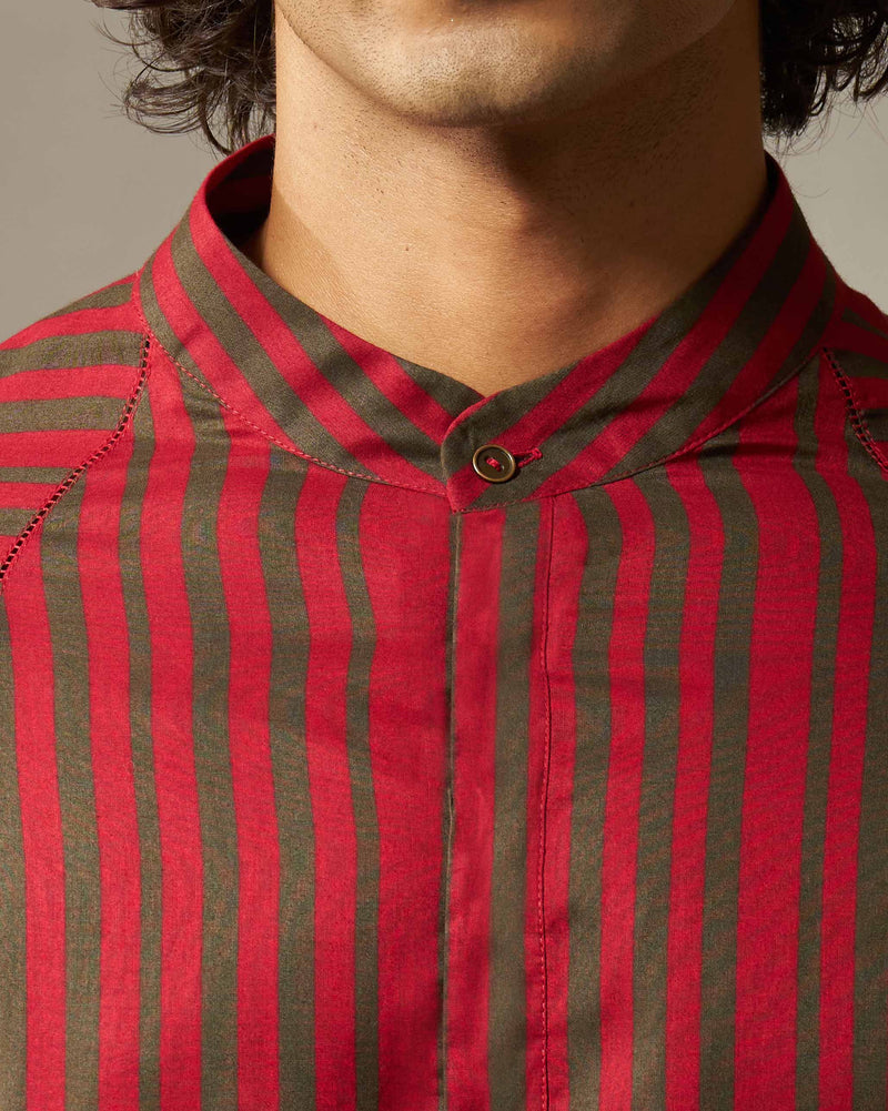 Jubilee Kurta - Red & Oak Brown Stripes