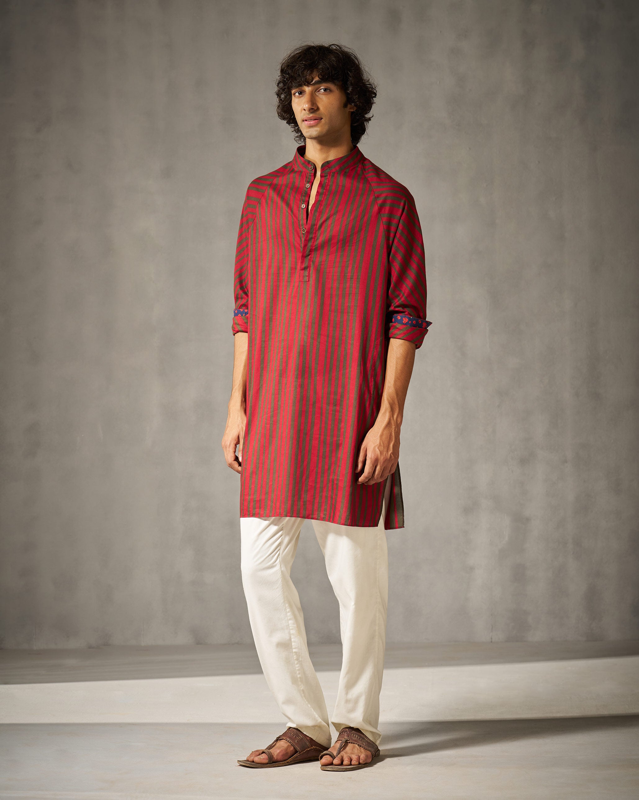 Jubilee Kurta - Red & Oak Brown Stripes