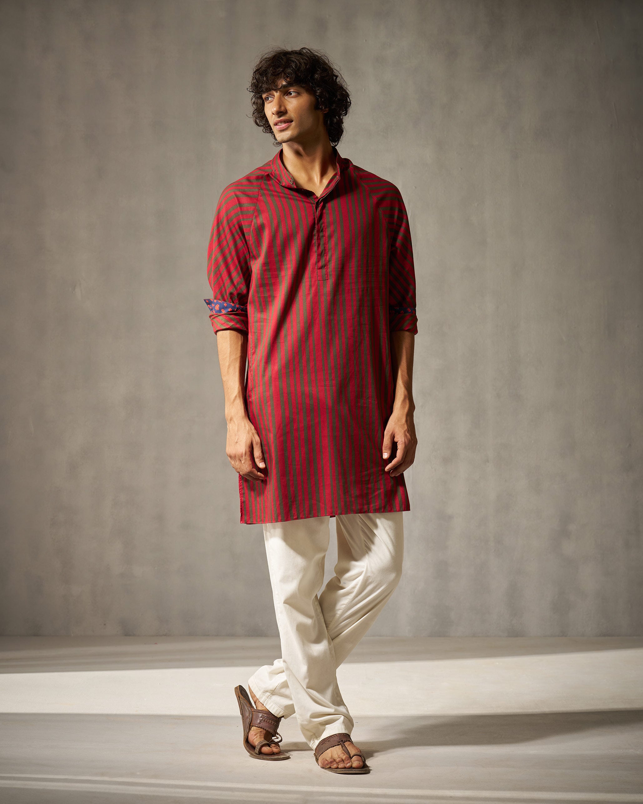 Jubilee Kurta - Red & Oak Brown Stripes