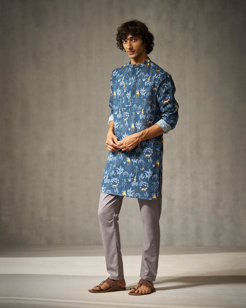 Front Pleat Kurta - Navy Print