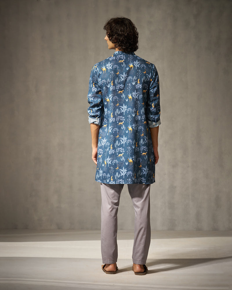 Front Pleat Kurta - Navy Print