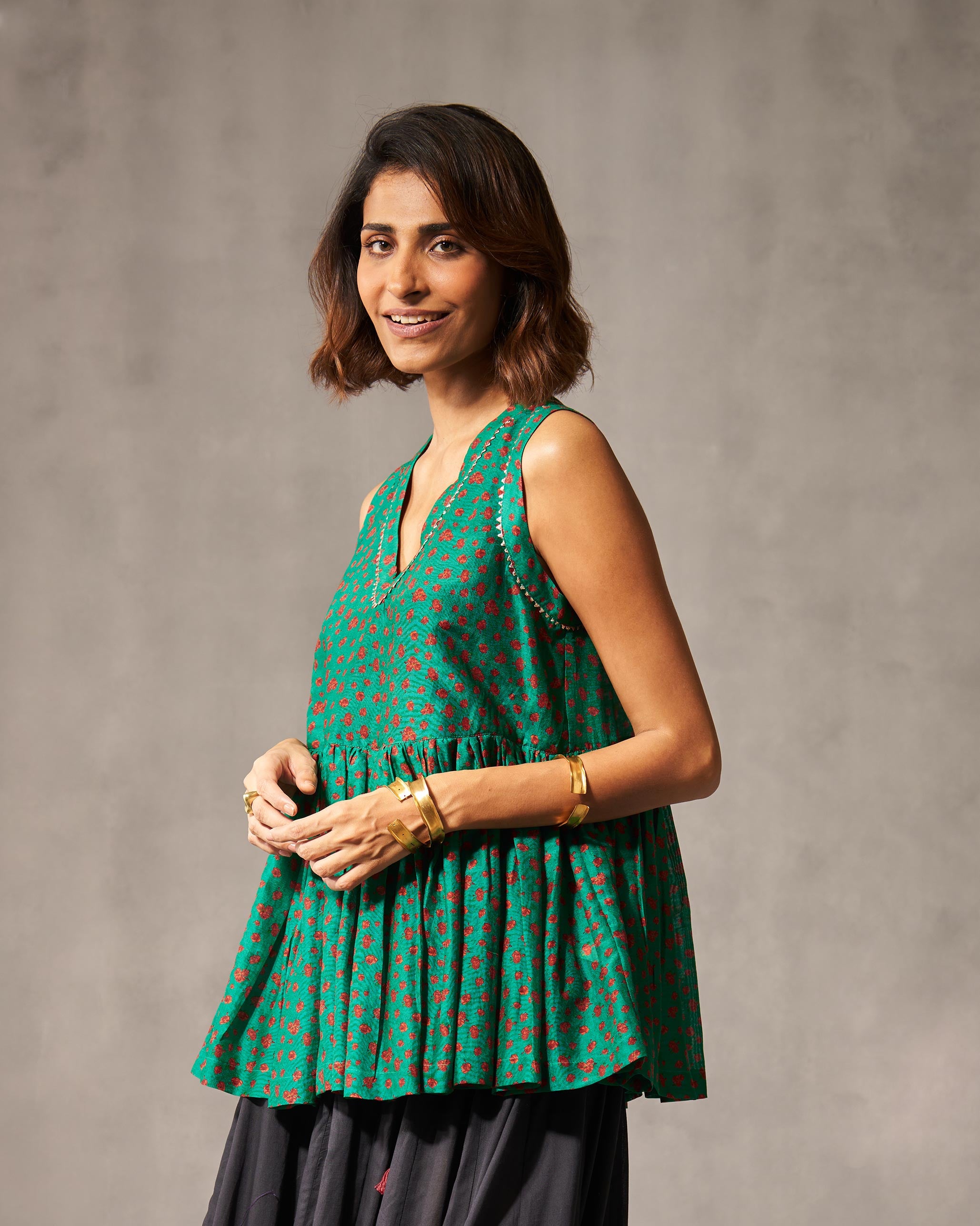 Lolo Gathered Top - Green & Red Print