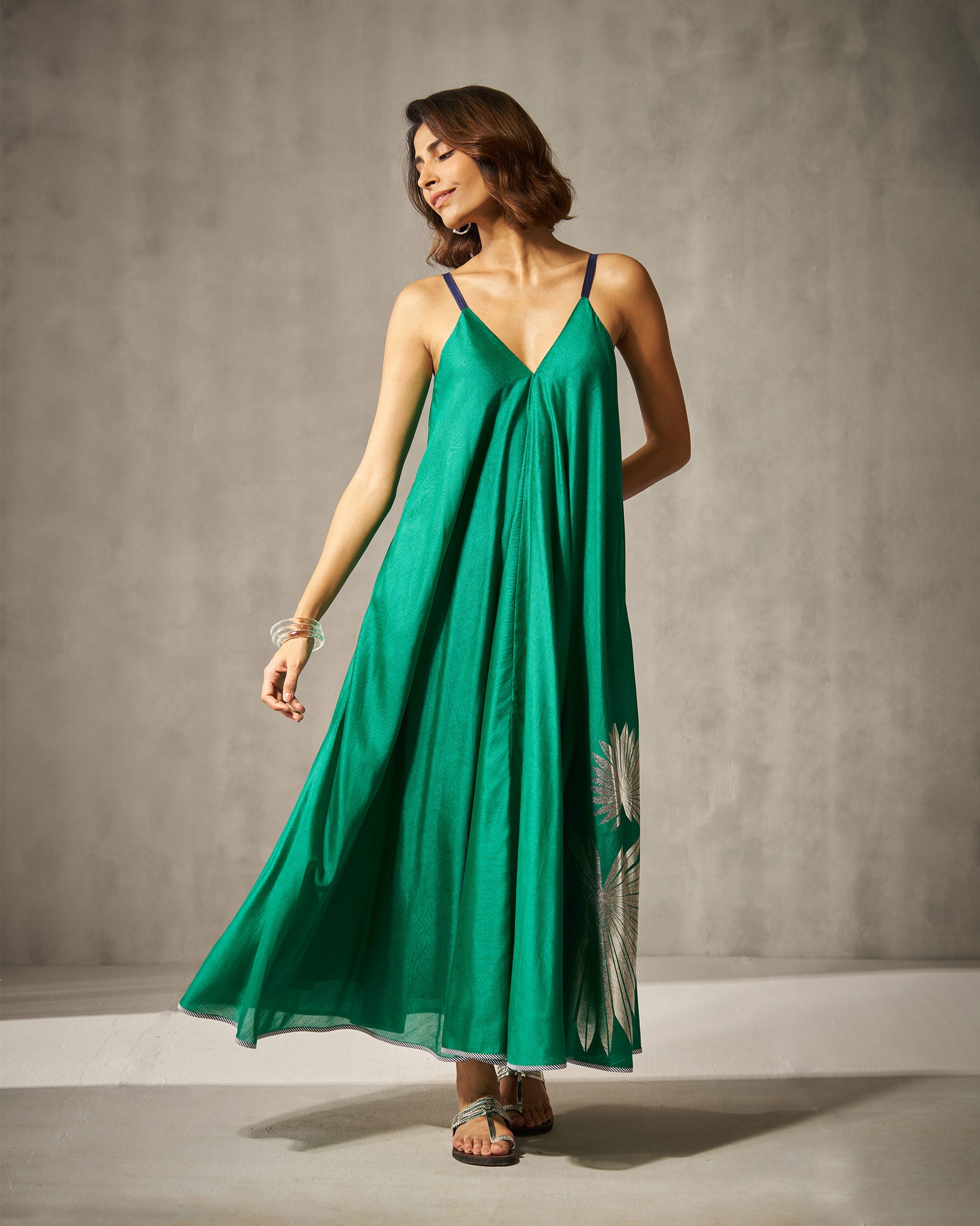 V-Neck Strappy Dress - Green & Silver Foil Print