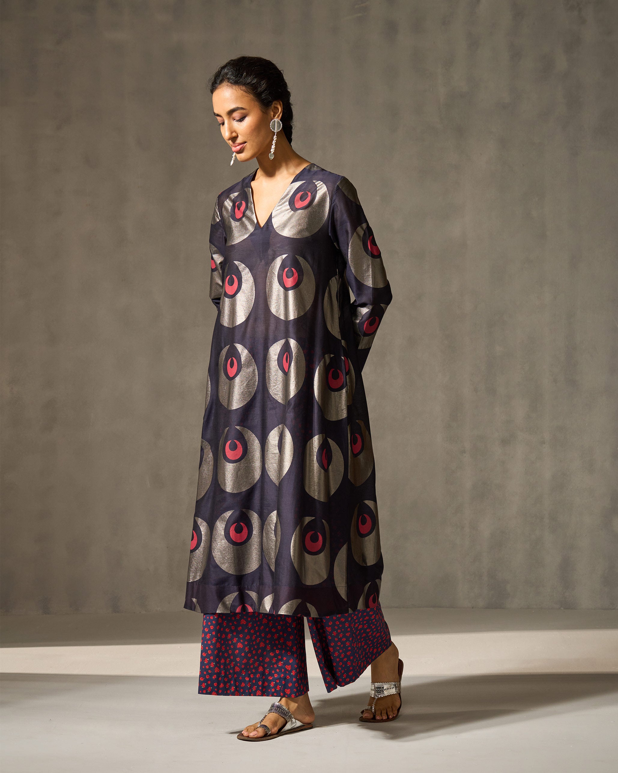 V-Neck Flared Kurta - Navy & Foil Print