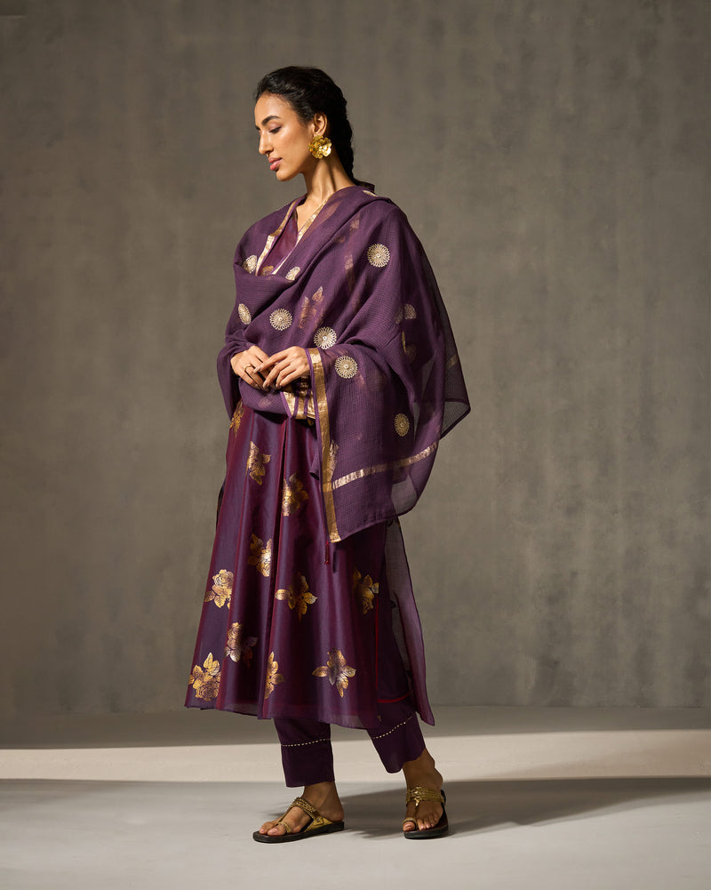 Front Pleated Kurta & Slip - Purple & Gold Print