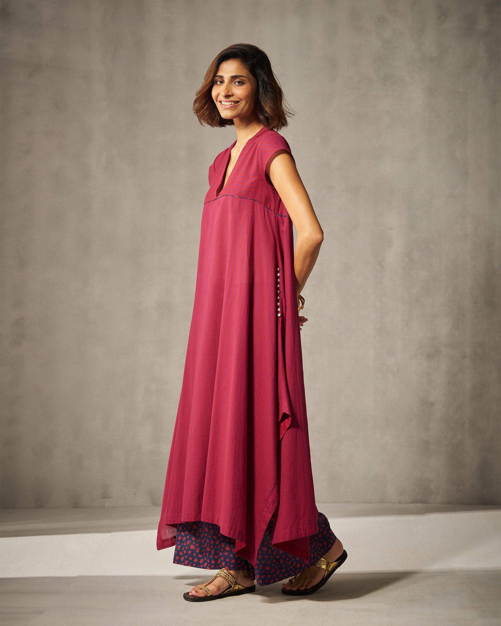 Yoke Kurta - Purple & Red Stripes