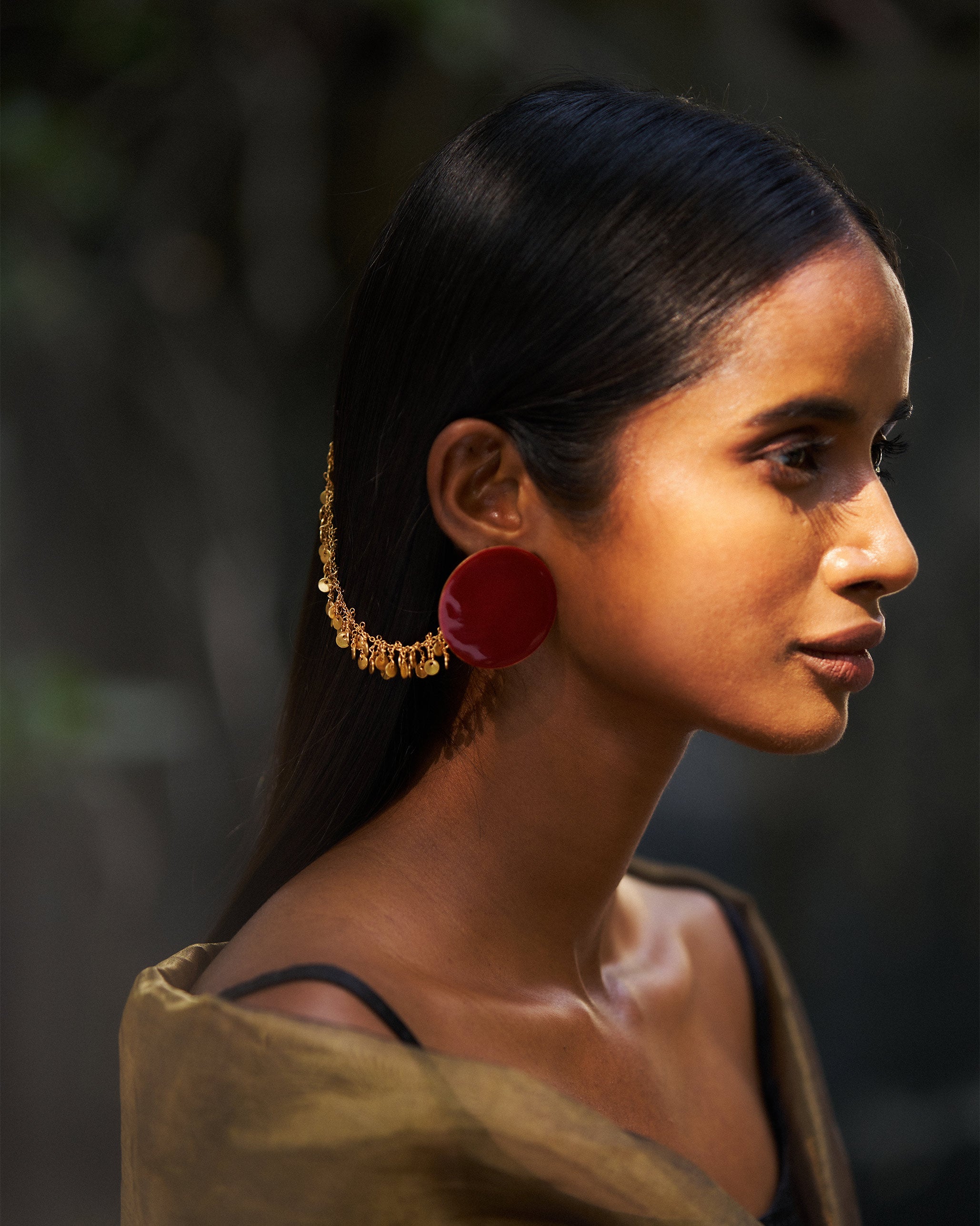 Dot Earrings & Jhilmil Ear Chain - Red & Gold