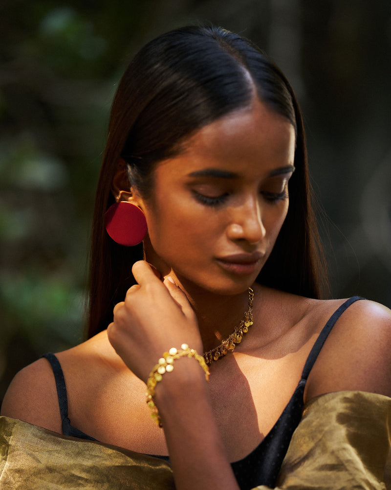 Dot Earrings & Jhilmil Ear Chain - Red & Gold