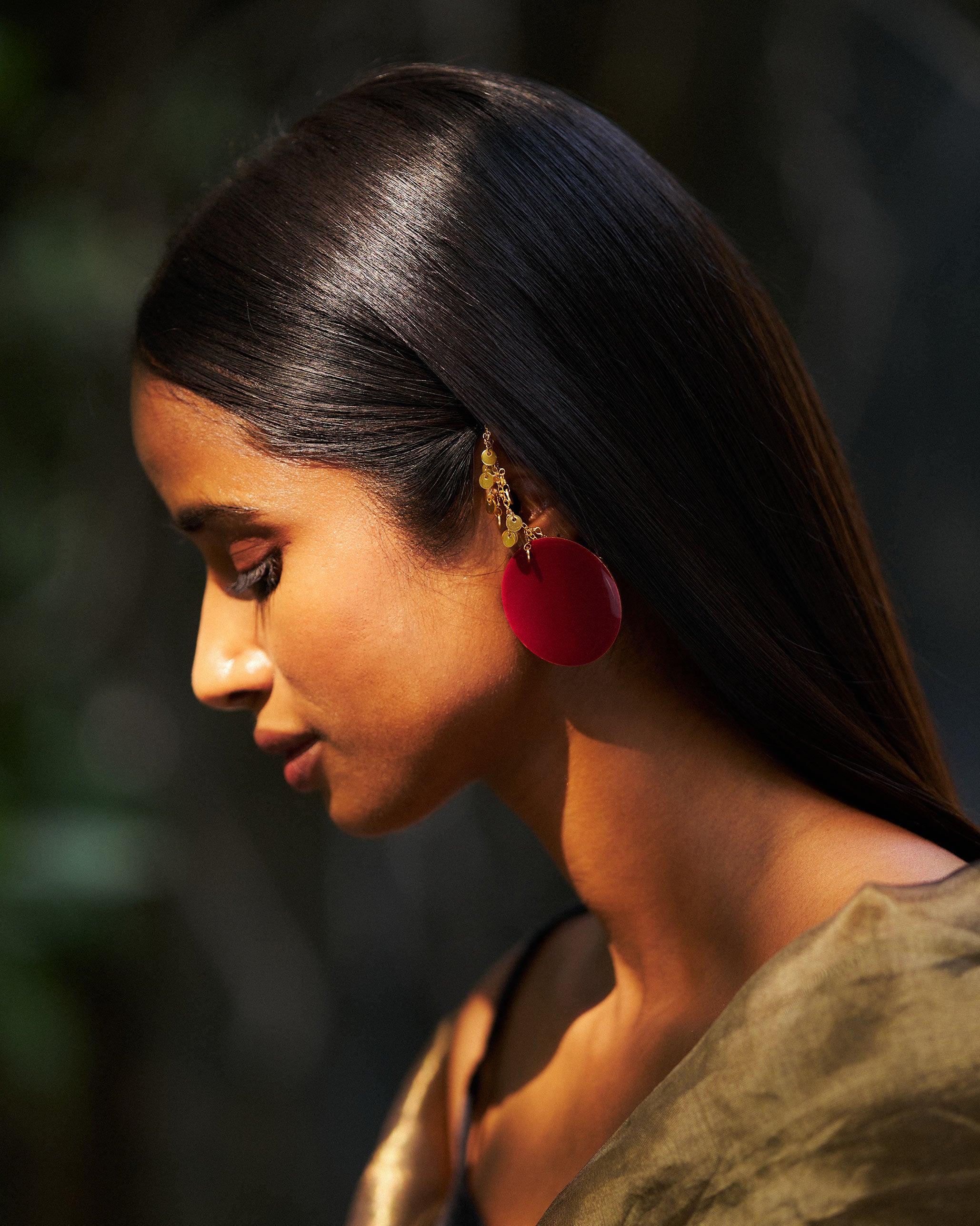 Dot Earrings & Jhilmil Ear Chain - Red & Gold