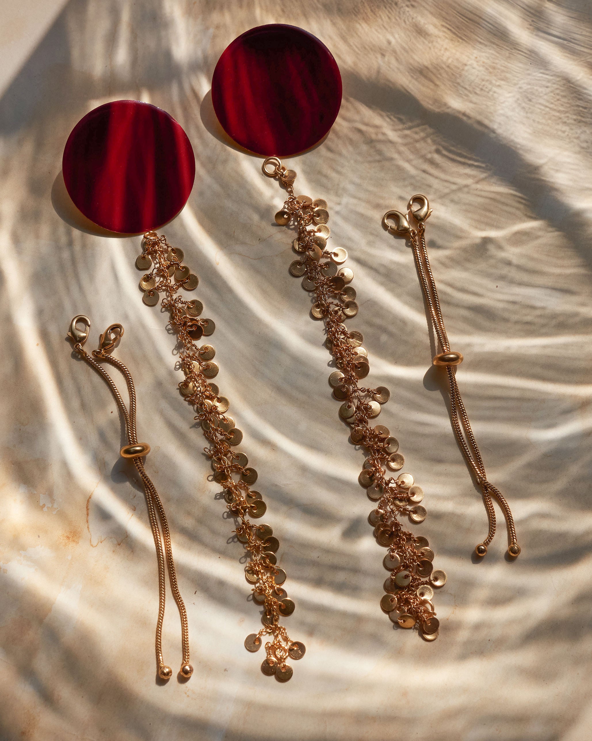 Dot Earrings & Jhilmil Ear Chain - Red & Gold