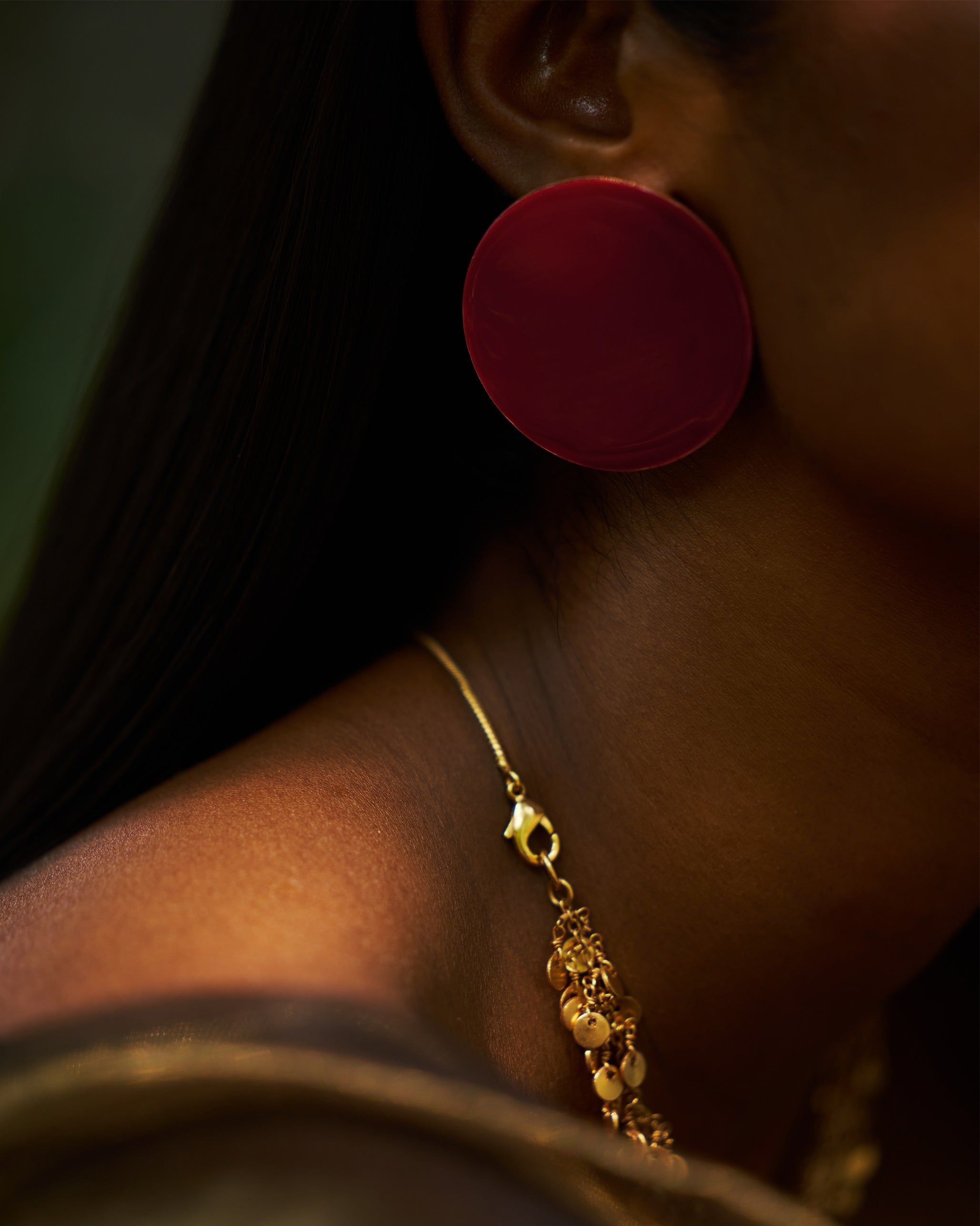 Dot Earrings & Jhilmil Ear Chain - Red & Gold