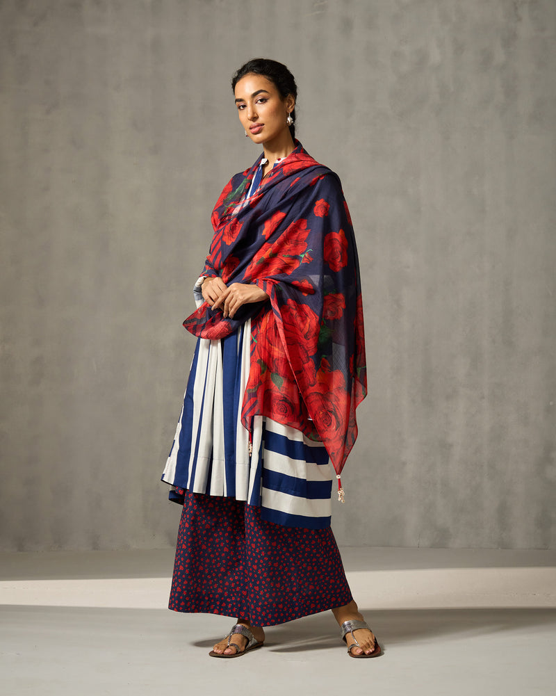 Autumn Bloom Dupatta - Navy & Red Print