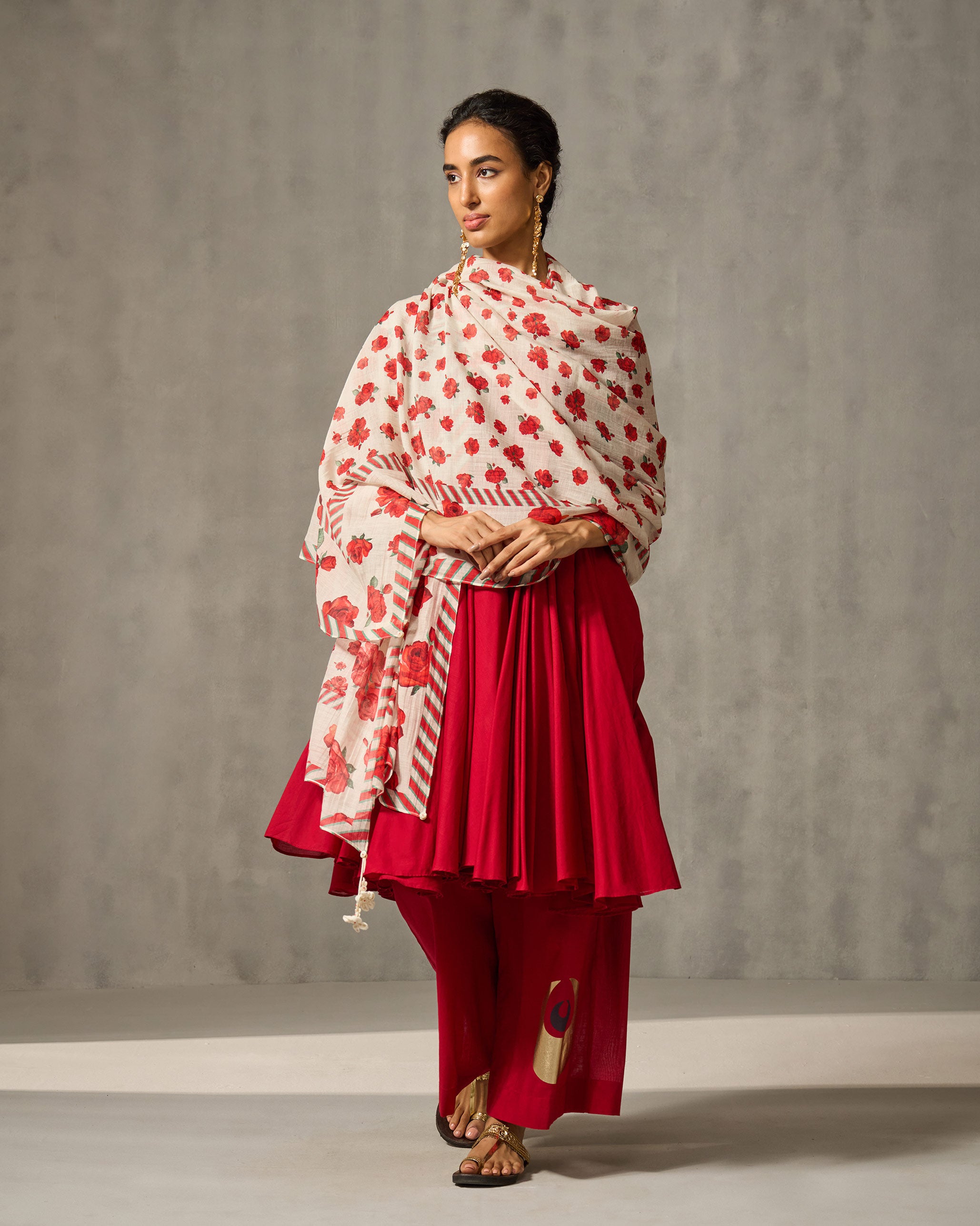 Bentota Dupatta - Ivory & Red Print