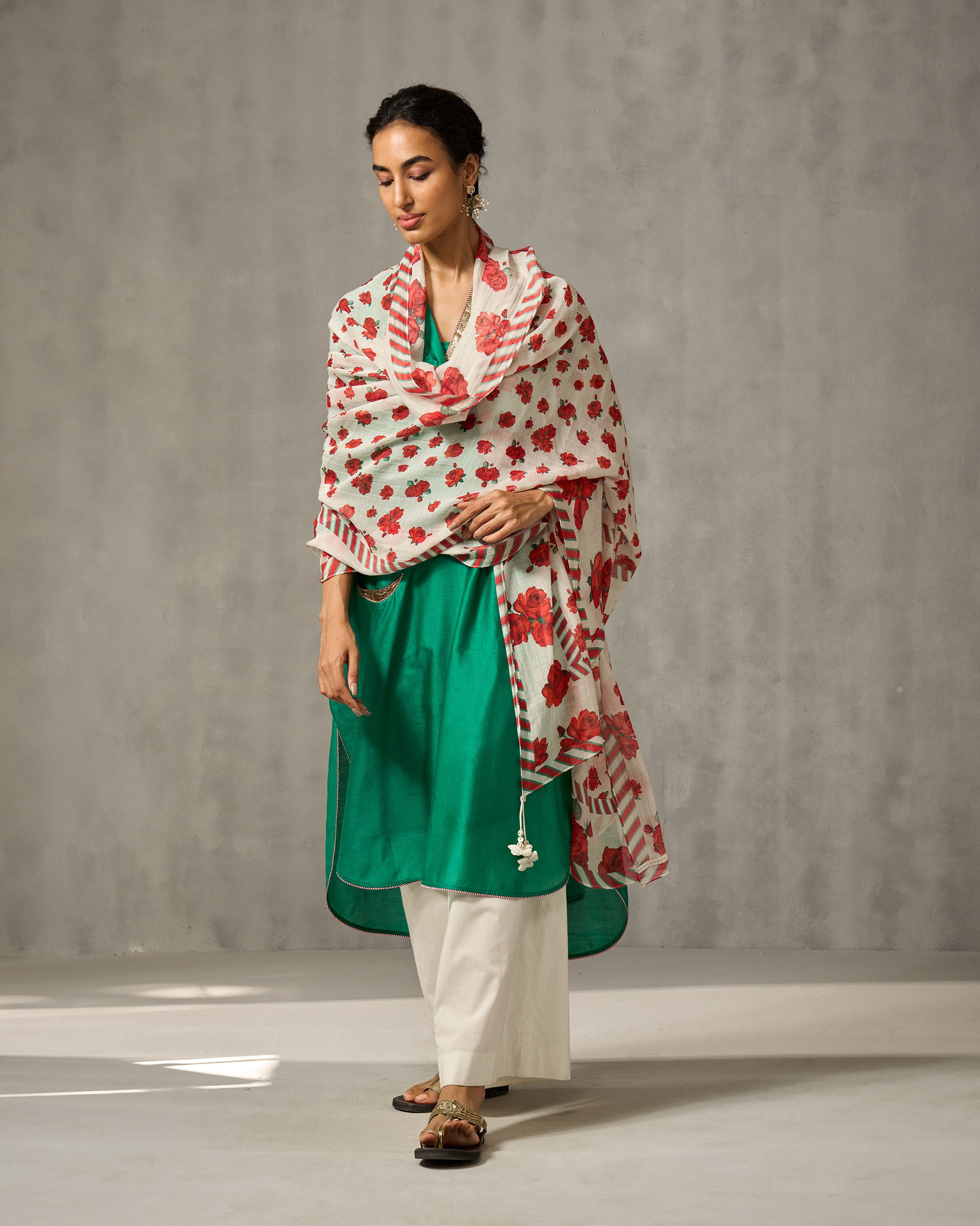 Bentota Dupatta - Ivory & Red Print