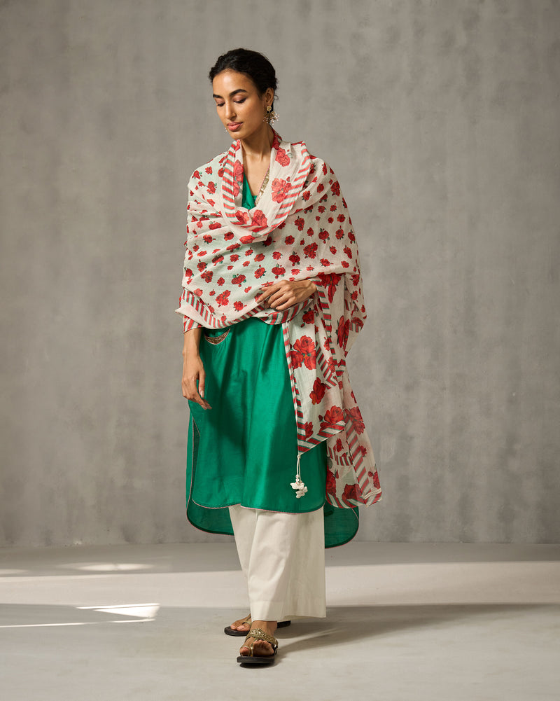 Bentota Dupatta - Ivory & Red Print