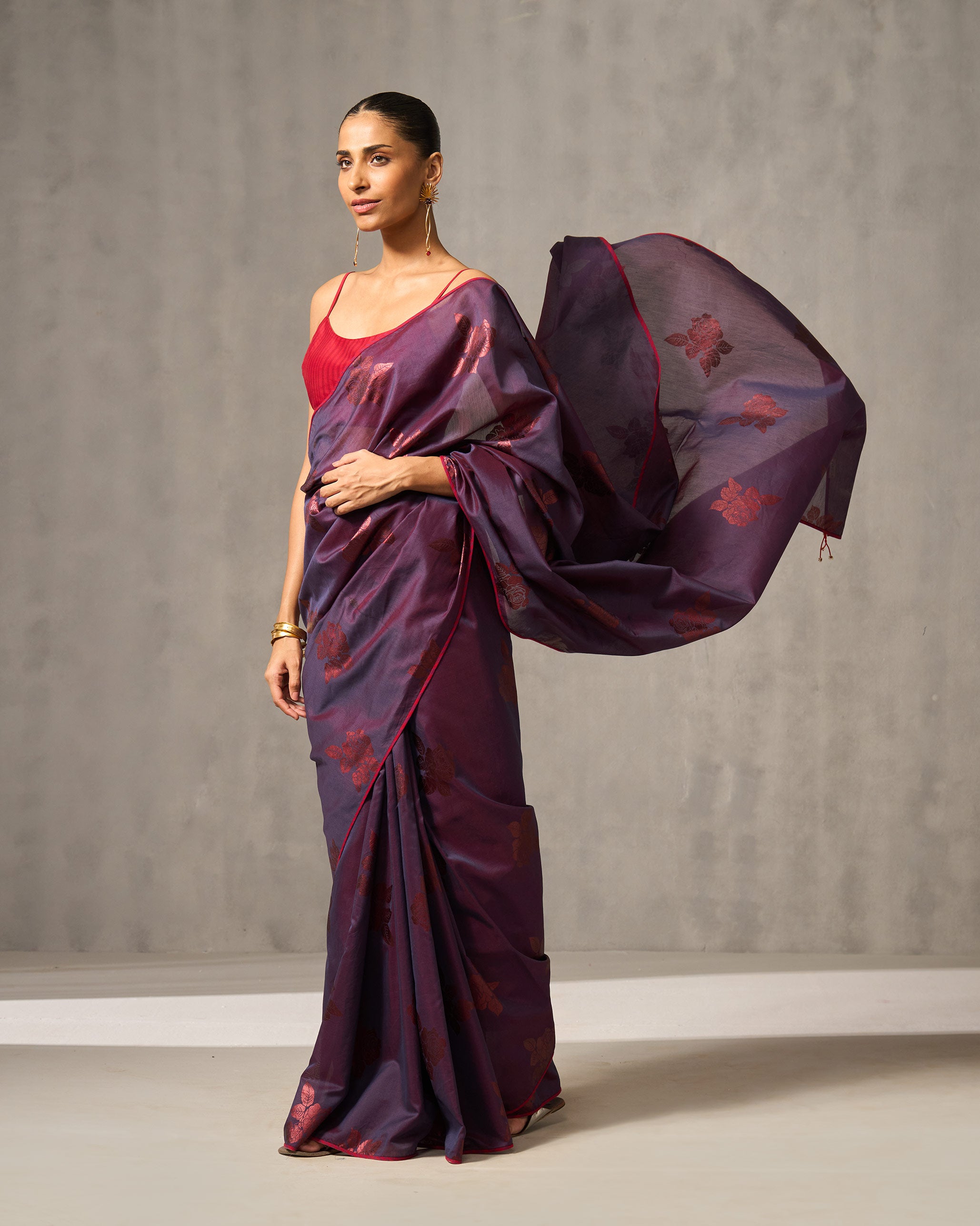 Rose Rush Sari - Purple & Foil Print