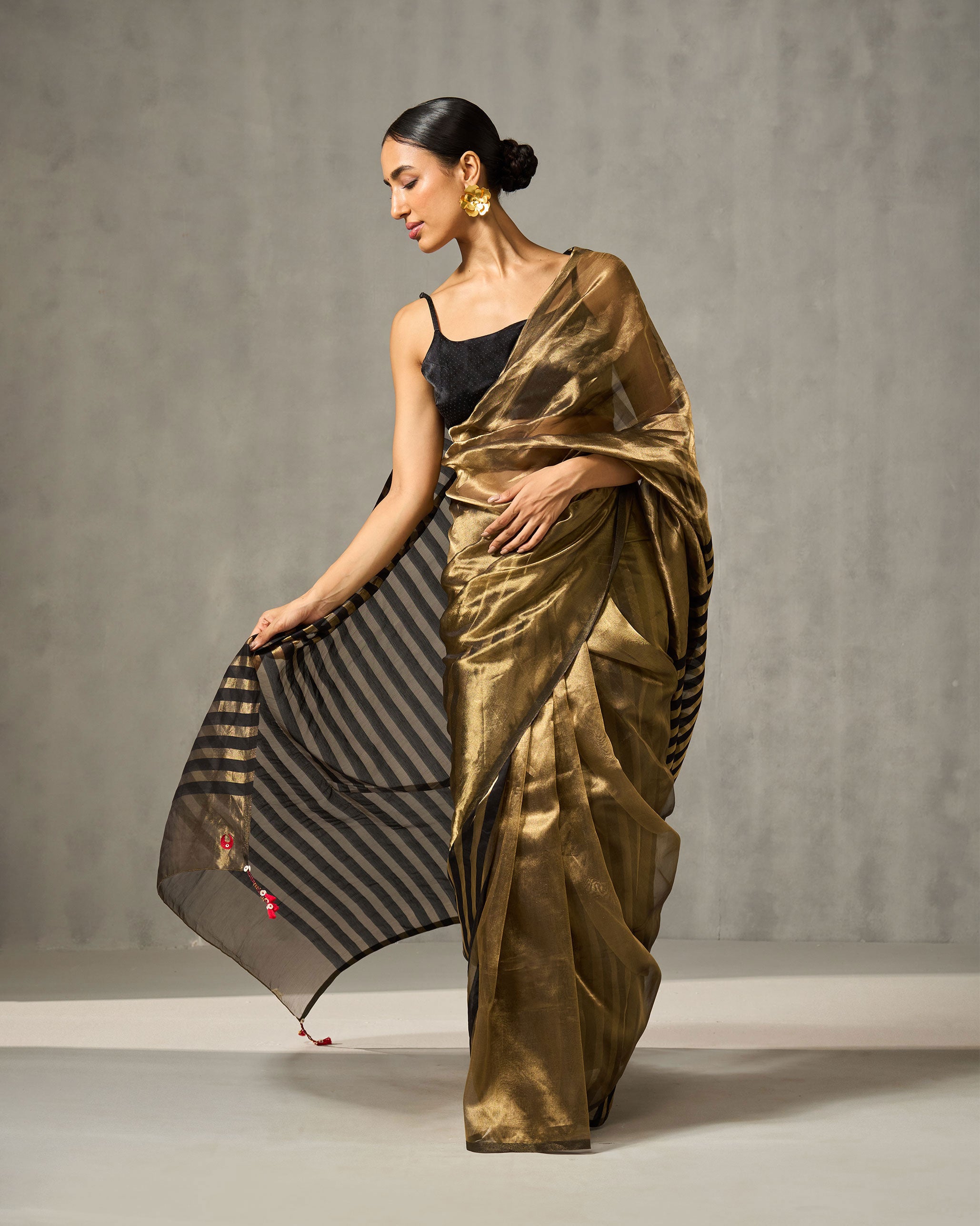 Party Stripes Sari - Gold & Black