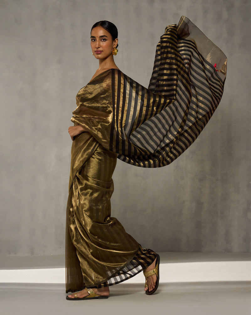 Party Stripes Sari - Gold & Black