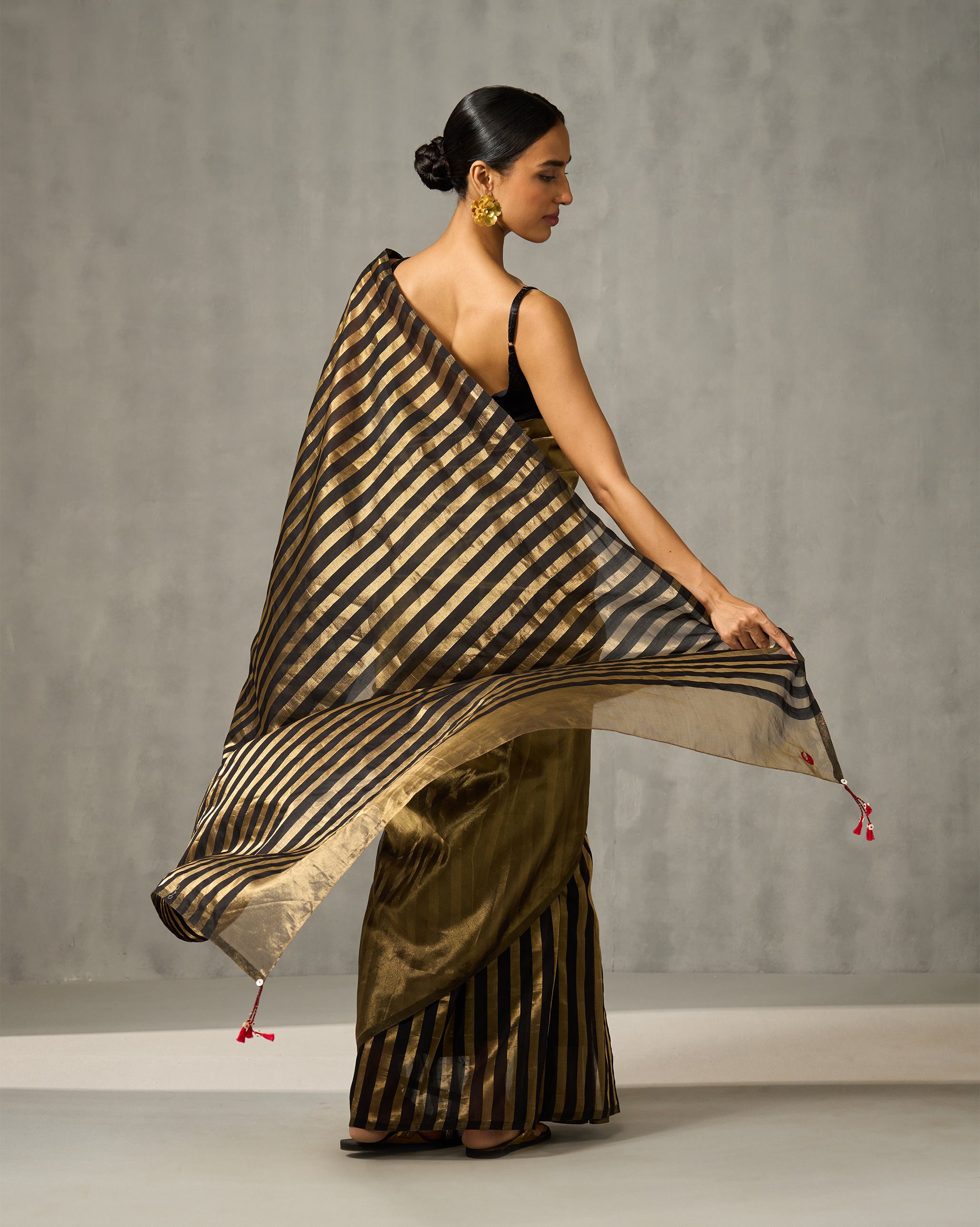 Party Stripes Sari - Gold & Black