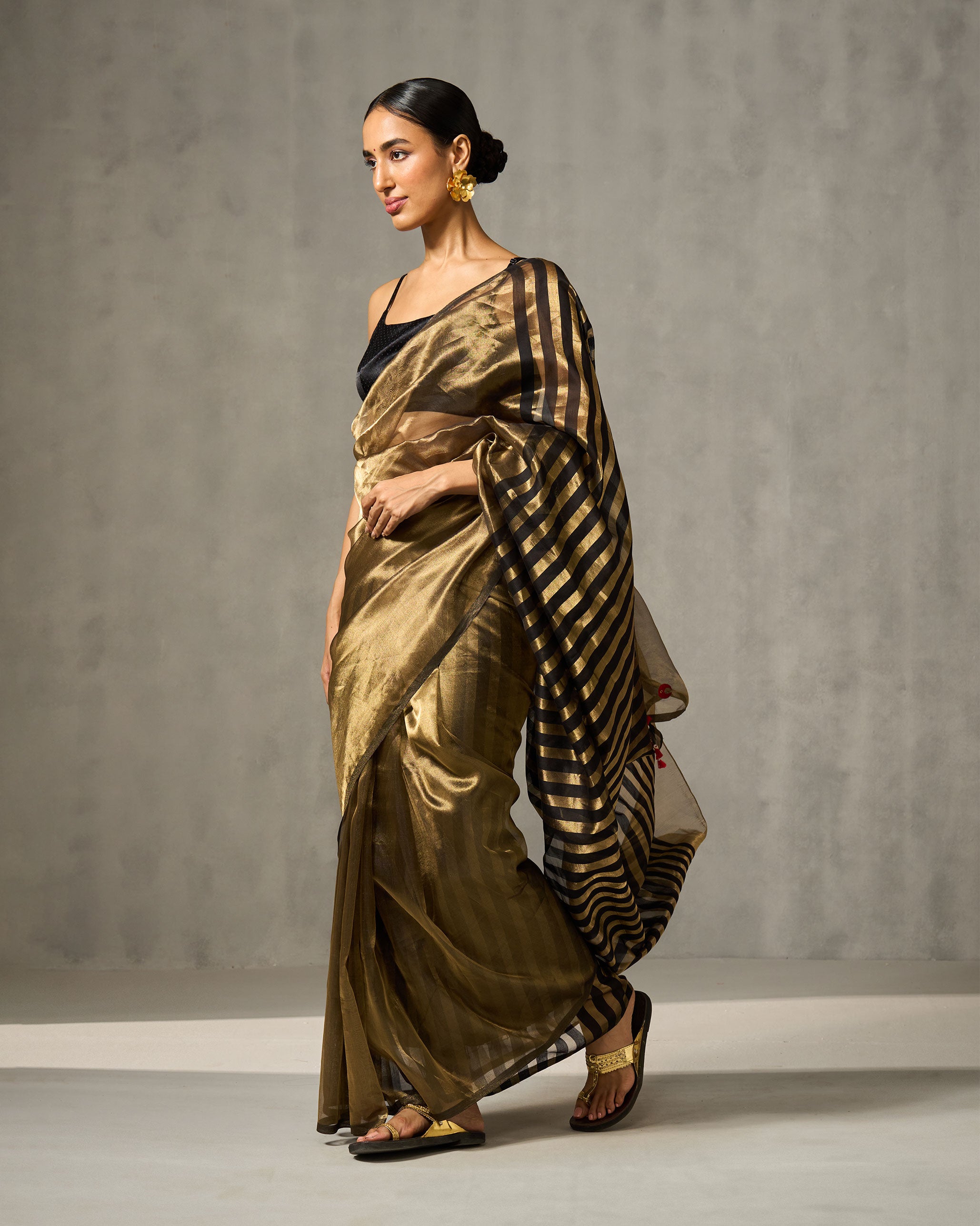 Party Stripes Sari - Gold & Black