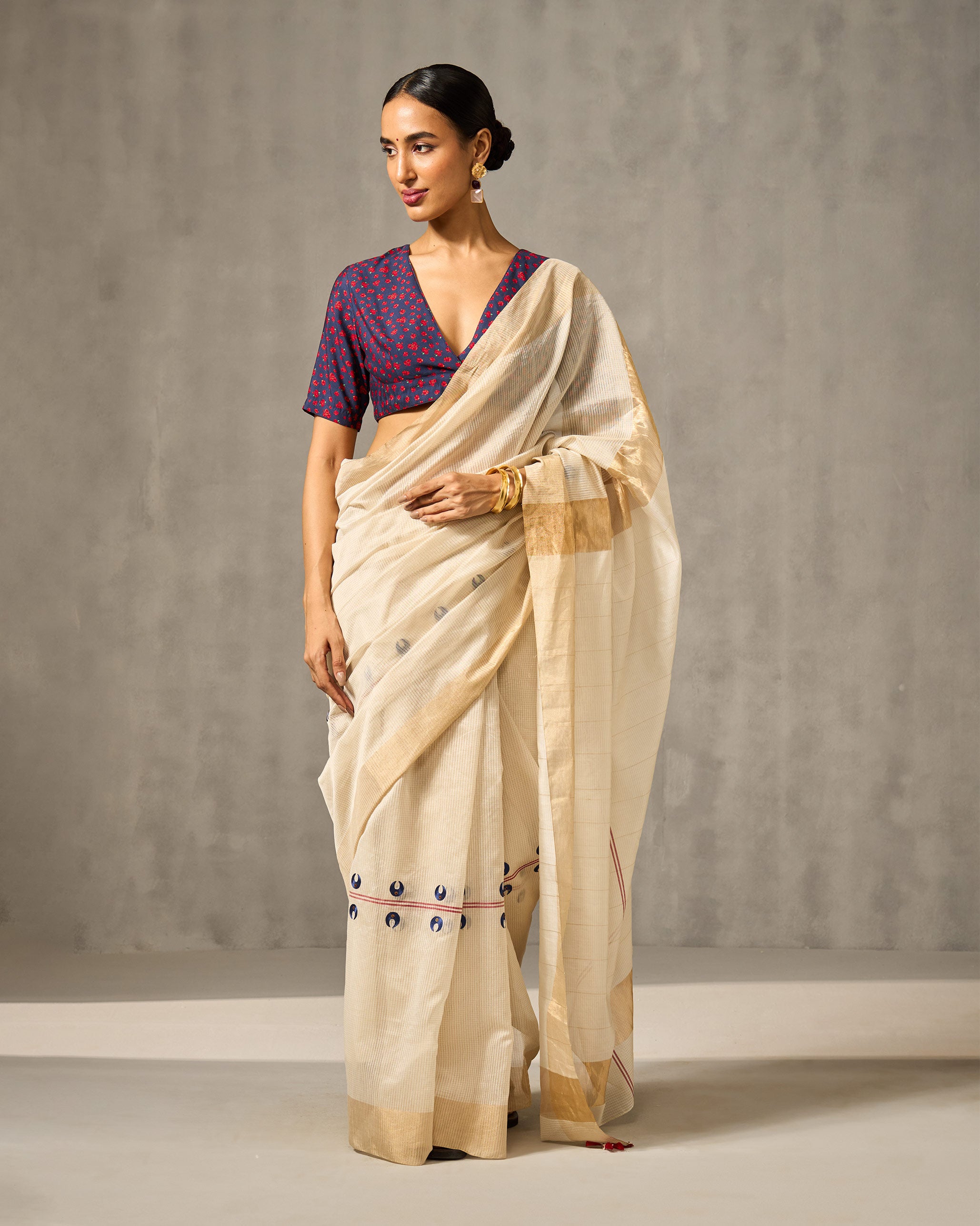 Aheli Sari - Ivory & Gold Checks