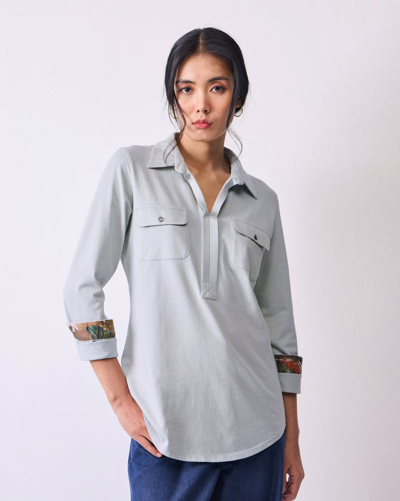 Open Collar Top - Grey