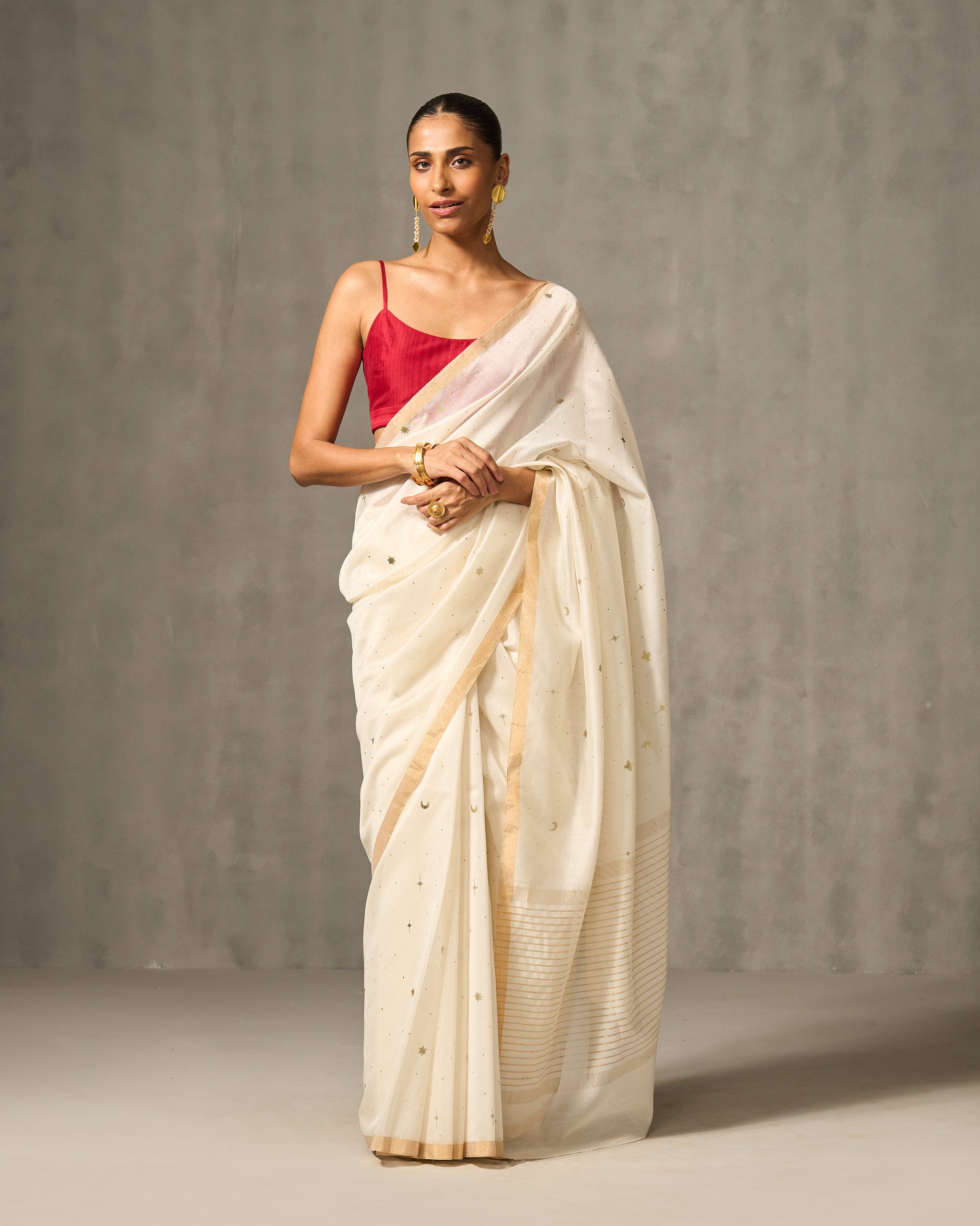 Chand Sitara Sari - Ivory & Gold Print