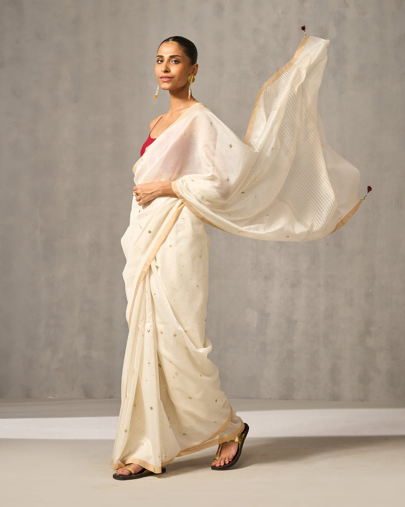 Chand Sitara Sari - Ivory & Gold Print